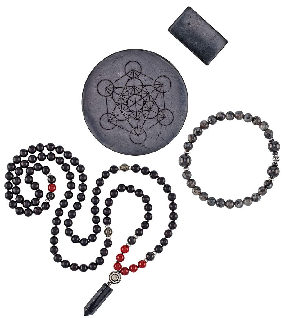 Authentic Elite Shungite Healing Mala Beads Necklace & Bracelet Set with Sterling Silver - EMF Protection for Phones, Tablets, Laptops | Meditation, Yoga, Spiritual Healing & Daily Wear Jewelry