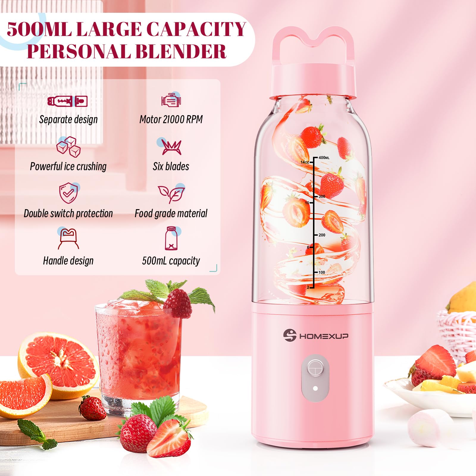 Portable Personal Blender 17 OZ/500ML - 175W Mini Blender for Smoothies, Juicing, Ice Crushing & Food Prep | Compact, Lightweight & Travel-Friendly | Perfect for Home, Office, Gym & Outdoor Use (Pink)