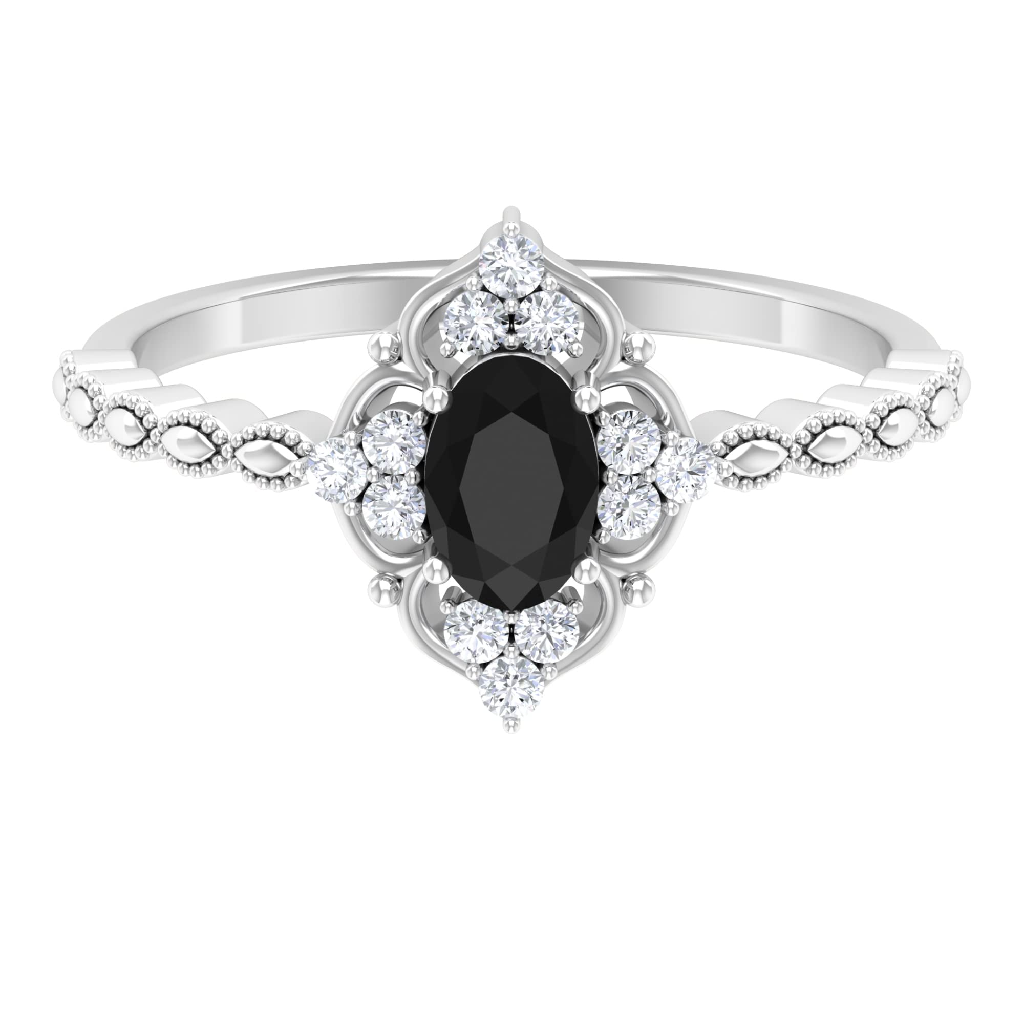 3/4 CT Black and White Diamond Art Deco Engagement Ring for Women - 14K Solid Gold Beaded Band, Vintage Style Wedding Ring - Perfect for Proposals, Anniversaries & Special Occasions