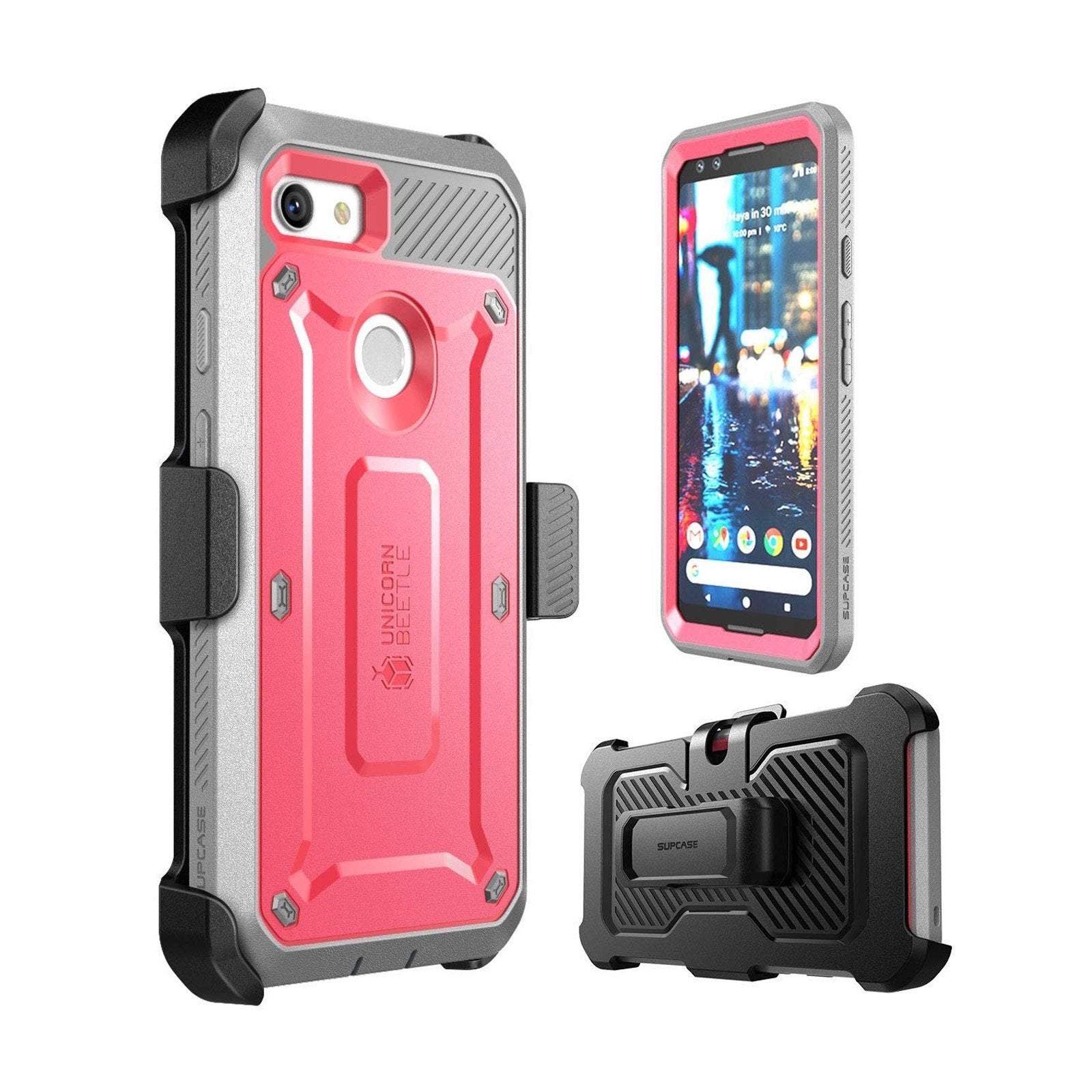 Google Pixel 3 Unicorn Beetle Pro Rugged Holster Case with Built-in Screen Protector - Shockproof & Drop Protection - Pink - Perfect for Outdoor, Work & Extreme Sports