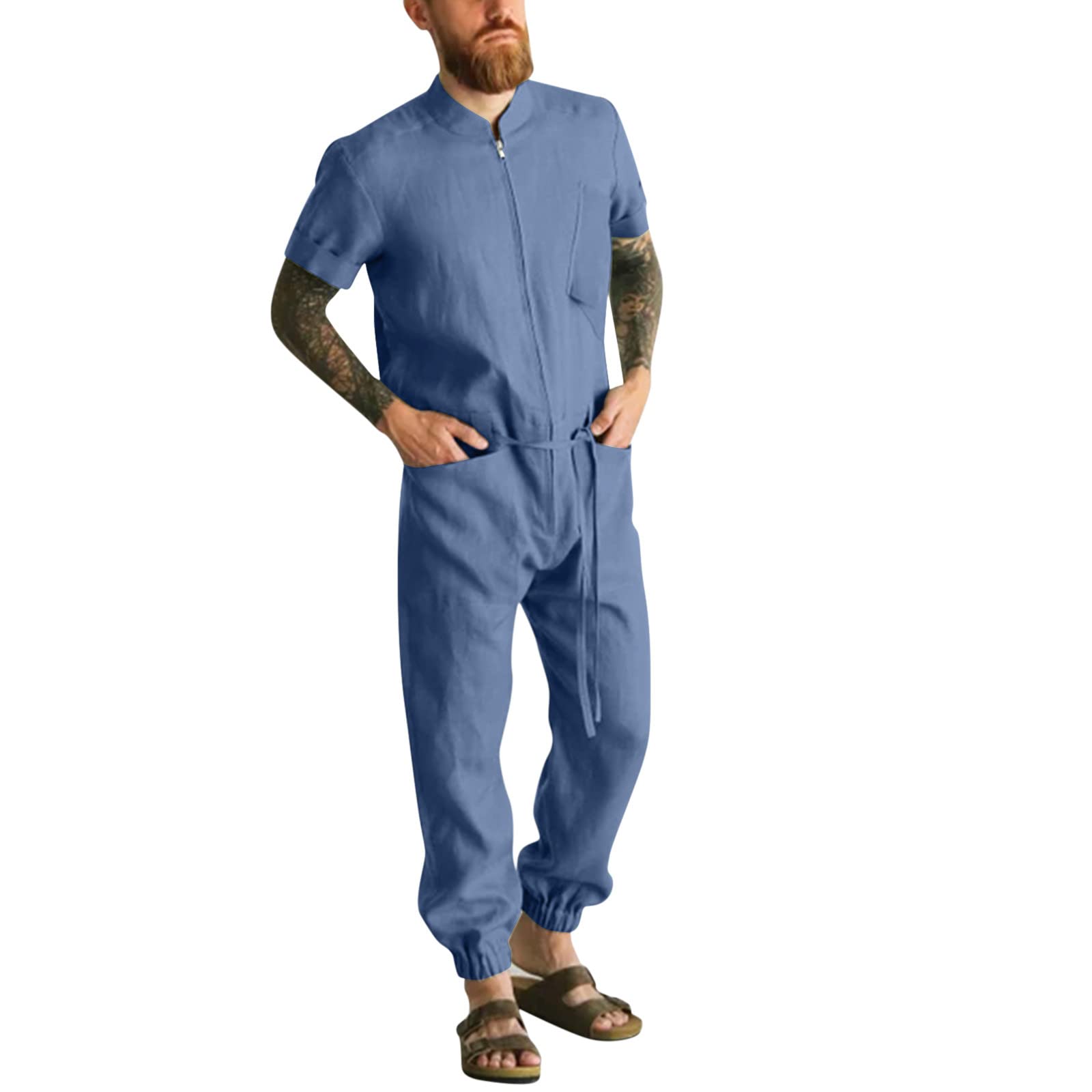 Men's Summer Short Sleeve Jumpsuit with Pockets - Casual Button-Up Romper for Home & Outdoor Wear | Breathable Solid Color One-Piece Outfit for Travel, Beach, and Daily Comfort