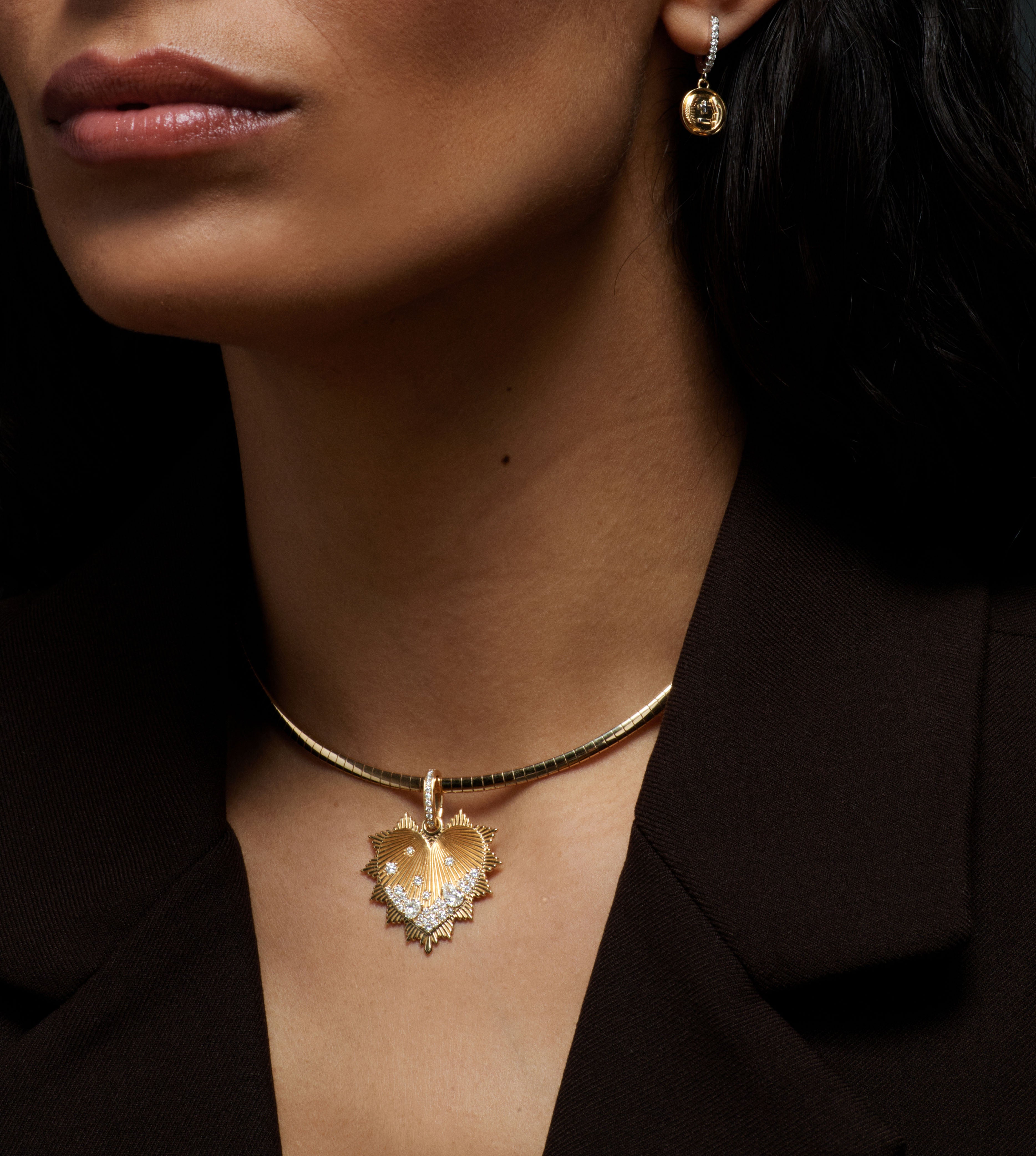 Yellow Gold Heart Love Token Oversized Medallion with Diamond Accents & Annex Link - Perfect for Valentine's Gifts, Anniversary Jewelry & Romantic Occasions