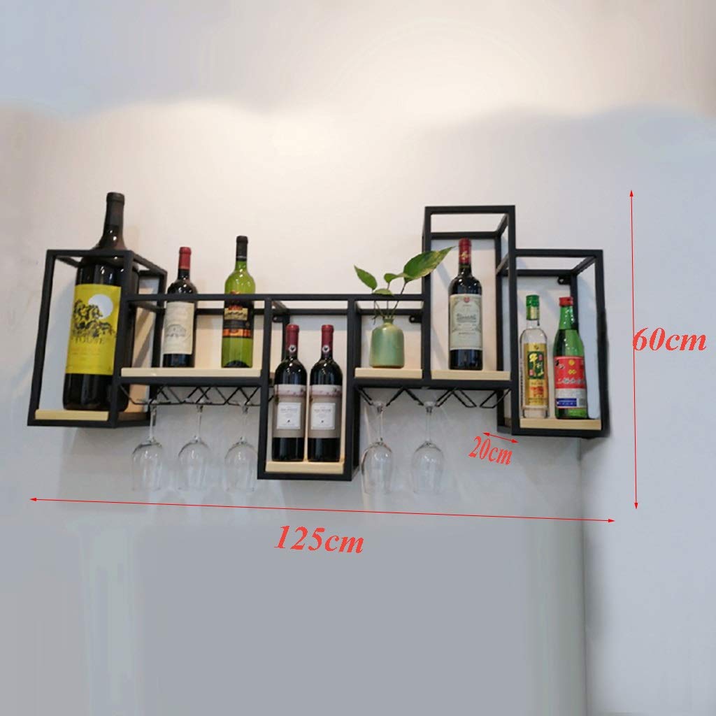 Solid Wood & Wrought Iron Wall-Mounted Wine Rack with Upside Down Glass Holder - Rustic Home Bar Decor for Kitchen, Dining Room or Wine Cellar Organization