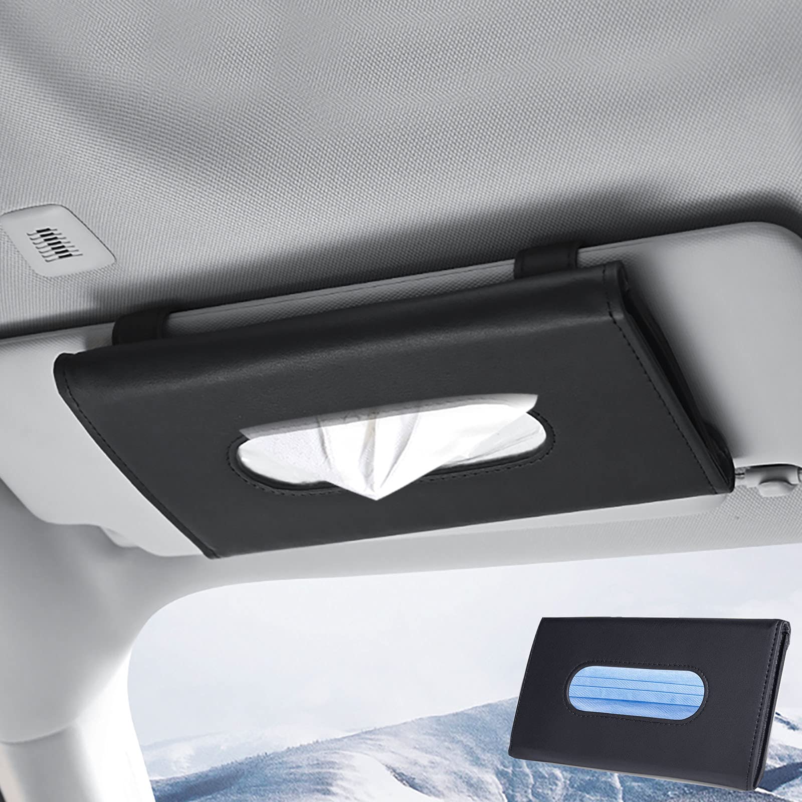 Premium PU Leather Car Tissue Holder & Mask Bracket - Universal Sun Visor Organizer with Seat Back Mount (Black) - Perfect for Road Trips, Daily Commutes & Family Travel Accessories