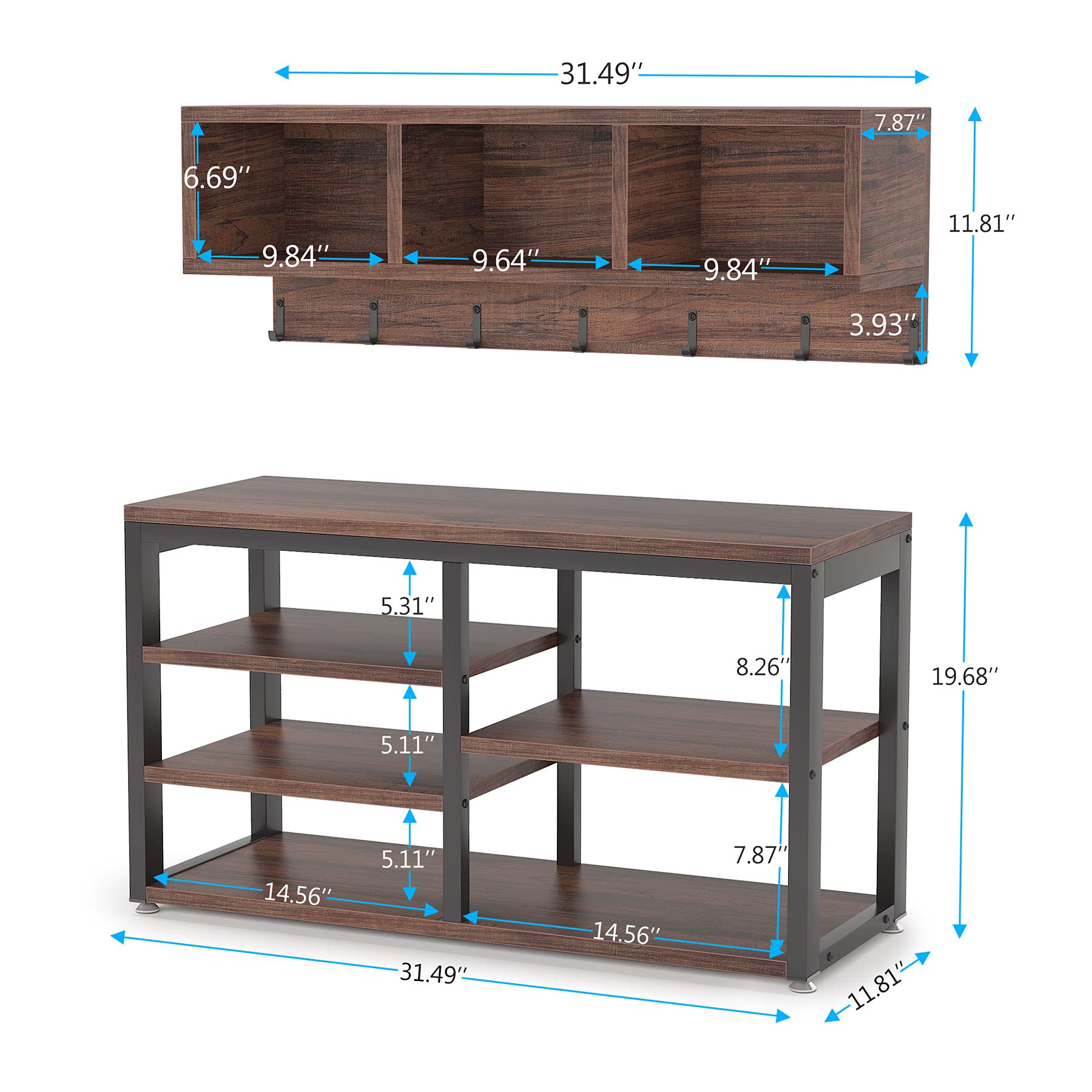 Little Tree Coat Shoe Rack with Entryway Bench - Hallway Organizer for Coats, Shoes & Storage | Perfect for Living Room, Bedroom or Mudroom | Rustic Brown Wooden Furniture for Home Entry Decor