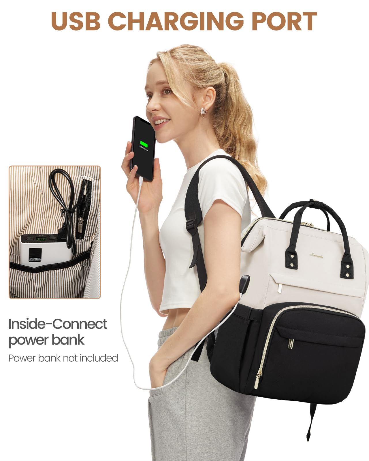 LOVEVOOK Women's Laptop Backpack - Stylish 15.6 Inch Computer Bag for Work, School & Travel - Water-Resistant Bookbag for Students, Business Professionals & Healthcare Workers (Beige-Black) - Perfect for Office Commute, College Classes & Business Trips