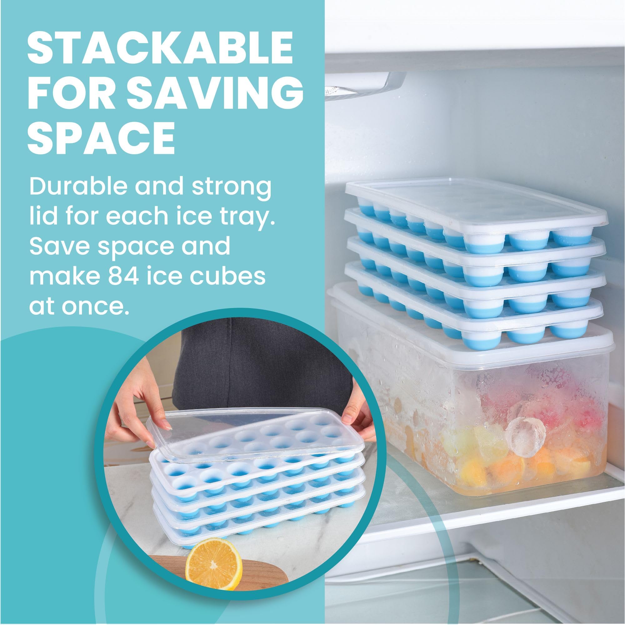 Yoove 4-Pack Silicone Ice Cube Trays with Lids & Storage Bin | BPA-Free Stackable Ice Cube Makers for Freezer | Easy Release Silicone Bottom | Includes Ice Bucket, Scoop & Tongs | Perfect for Cocktails, Iced Coffee & Party Drinks