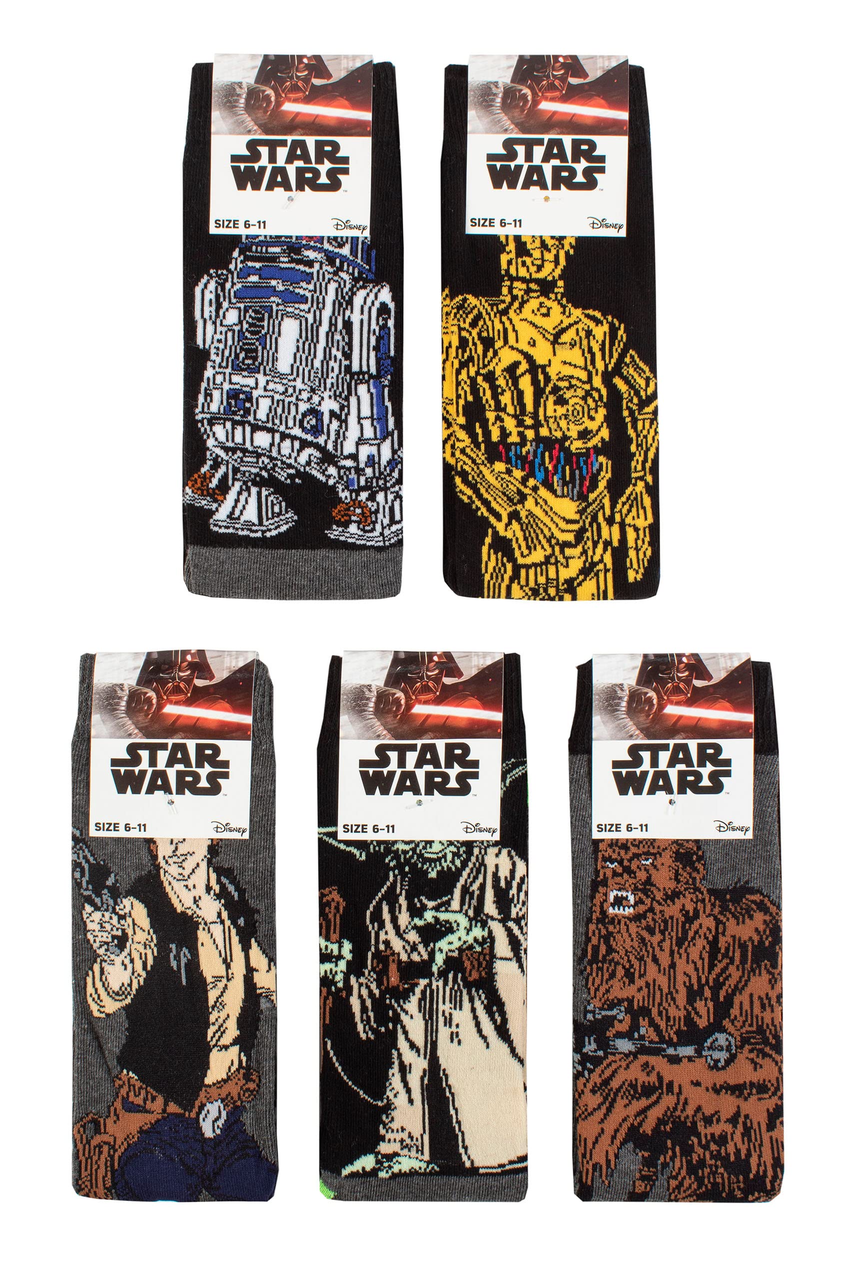 Star Wars Character Socks for Men - 5 Pack Cotton Socks Featuring Yoda, Chewbacca, C3PO, R2-D2 & Han Solo | Sizes 6-11 & 11-13 | Perfect for Cosplay, Gifts & Everyday Wear