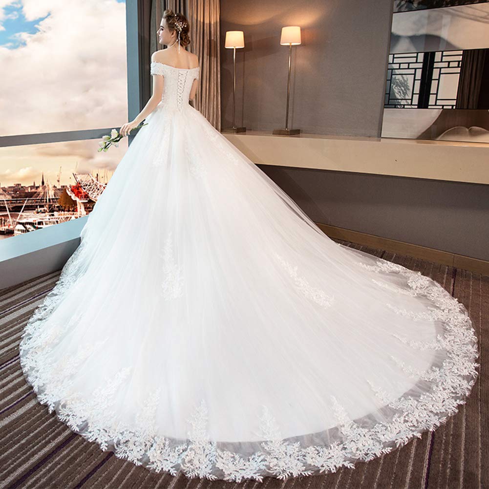 Elegant Off-the-Shoulder Princess Wedding Dress with Lace Applique - White Ball Gown for Brides (2024 Collection) | Perfect for Church Ceremonies, Beach Weddings & Formal Receptions