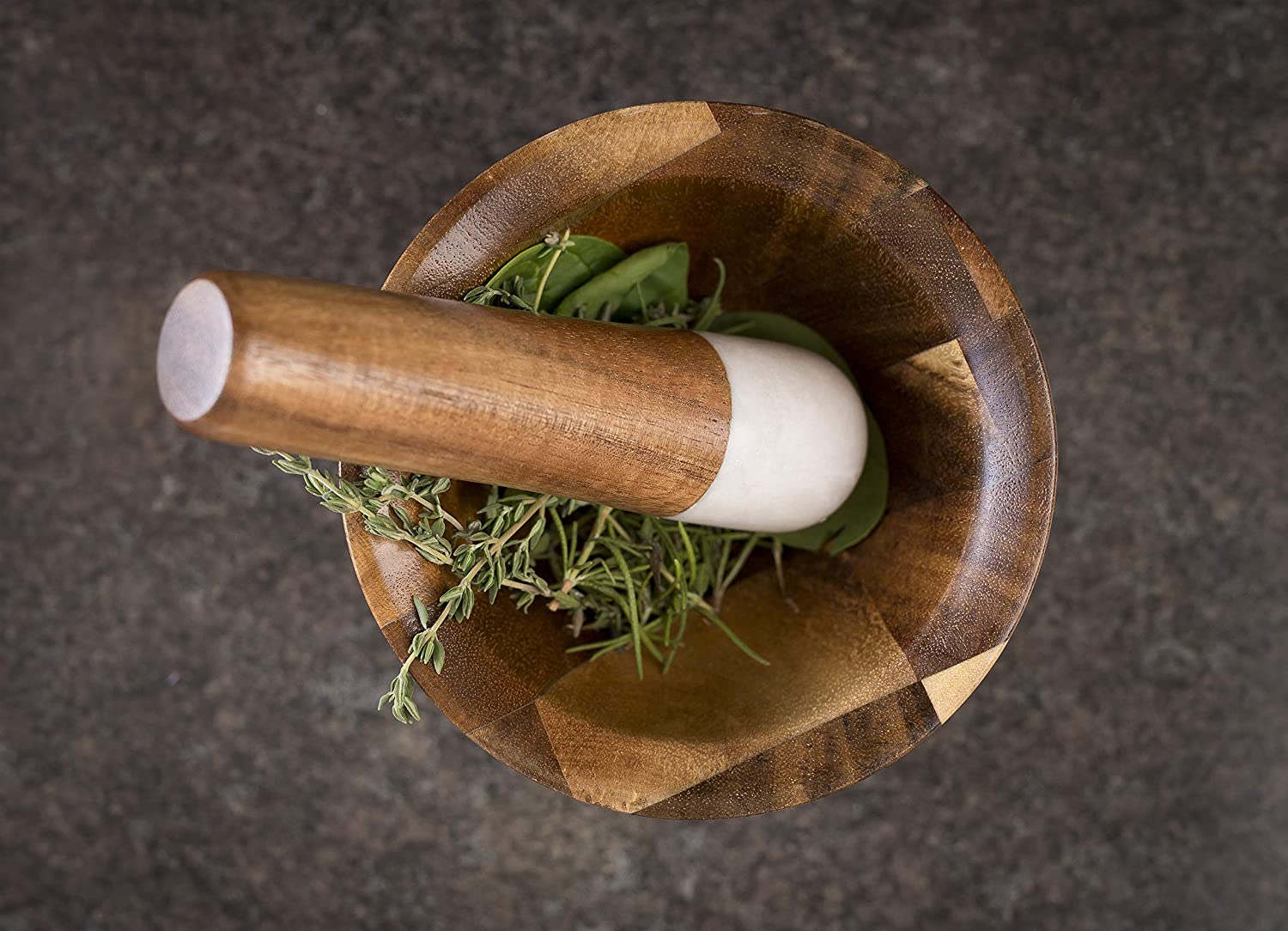 TableCraft Elements Collection Marble & Acacia Mortar and Pestle Set - Perfect for Grinding Spices, Herbs, and Making Fresh Guacamole in Your Kitchen