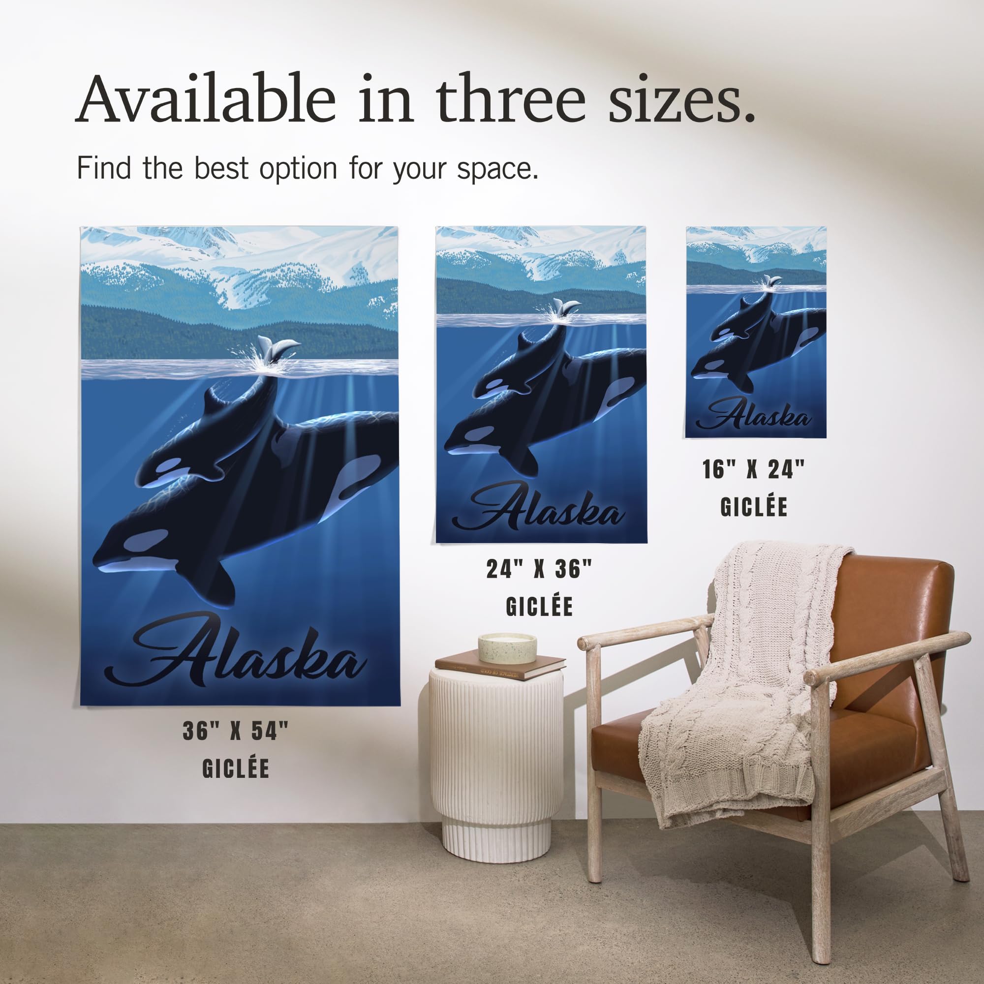 Lantern Press 16x24 Inch Giclee Print - Alaska Orca and Calf Wall Art - Perfect for Living Room, Bedroom or Office Decor