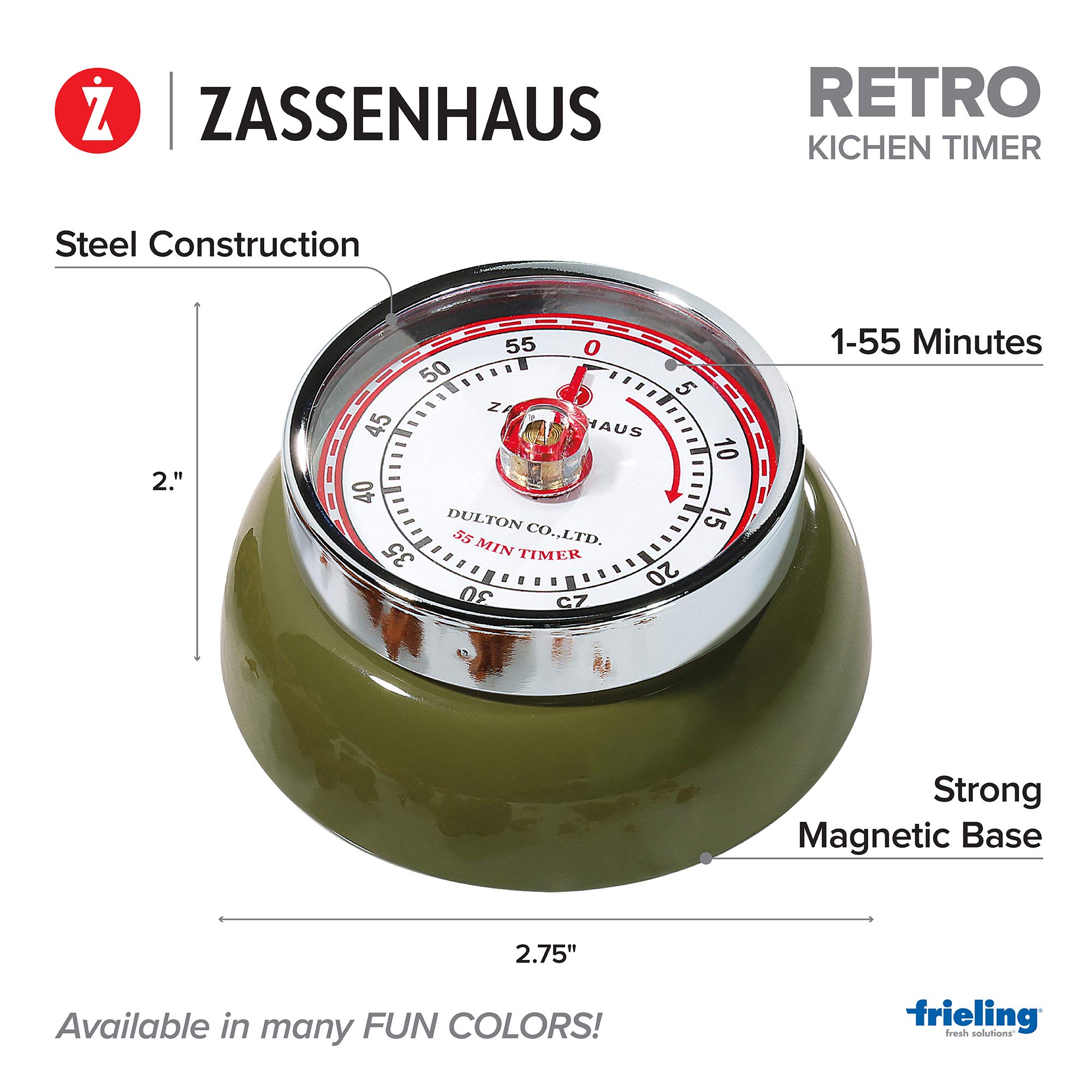 Zassenhaus Magnetic Retro 60 Minute Kitchen Timer - 2.75 Inch Olive Green - Perfect for Cooking, Baking, and Classroom Activities