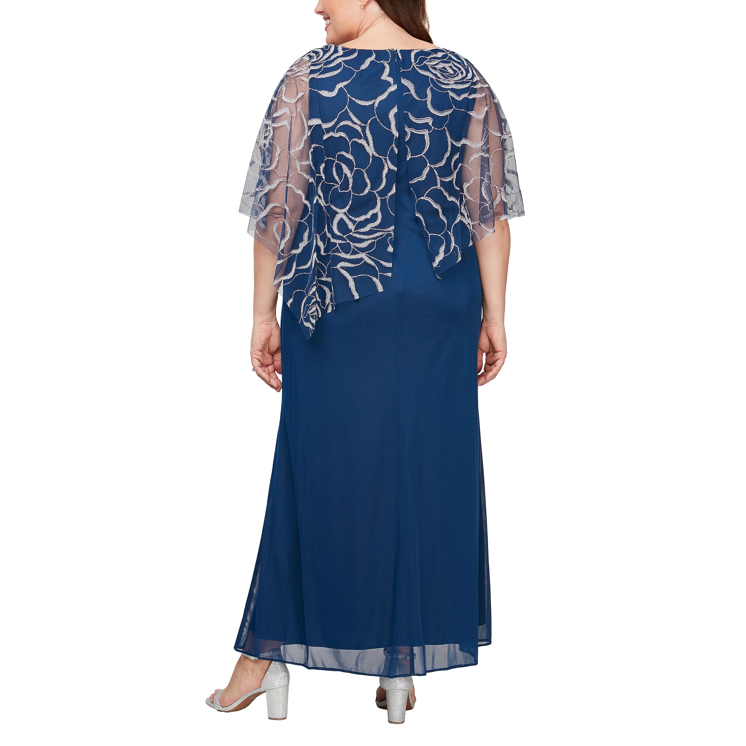 S.L. Fashions Women's Plus Size Sparkle Beaded Overlay Cape Dress - Stretchy Knit Elegant Evening Gown for Parties, Weddings & Special Occasions