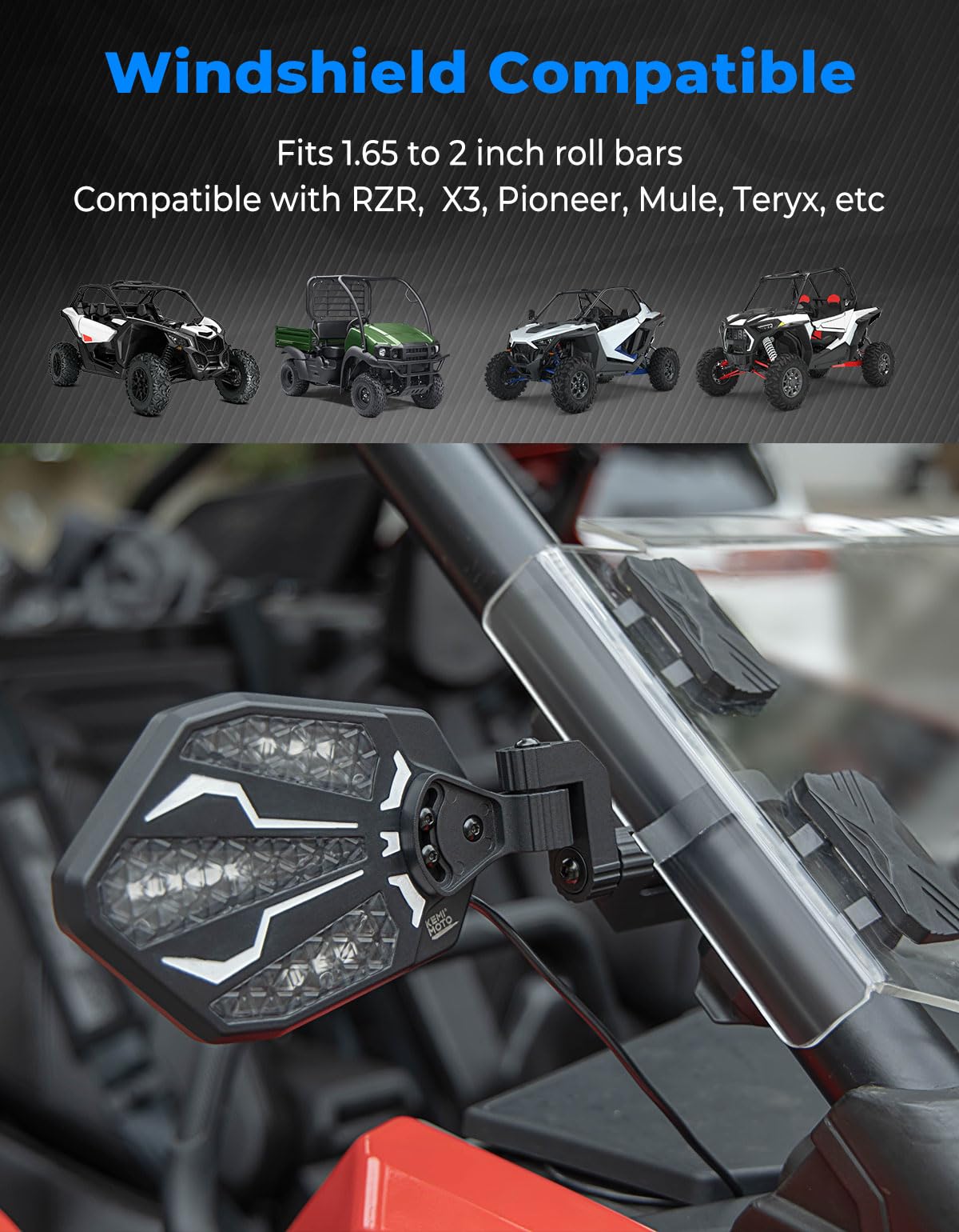 KEMIMOTO UTV RGB Aluminum Lighted Side Mirrors - 29 Color Modes, 1.6
