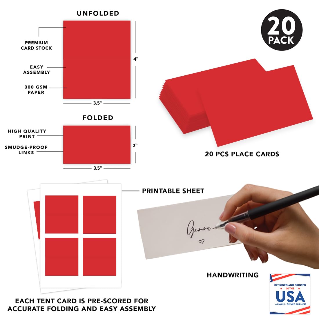 Andaz Press Printable Table Tent Place Cards - 20-Pack Red Blank Name Cards for Wedding, Bridal Shower, Graduation & Events | Perfect for Table Settings, Food Labels & Seat Placements