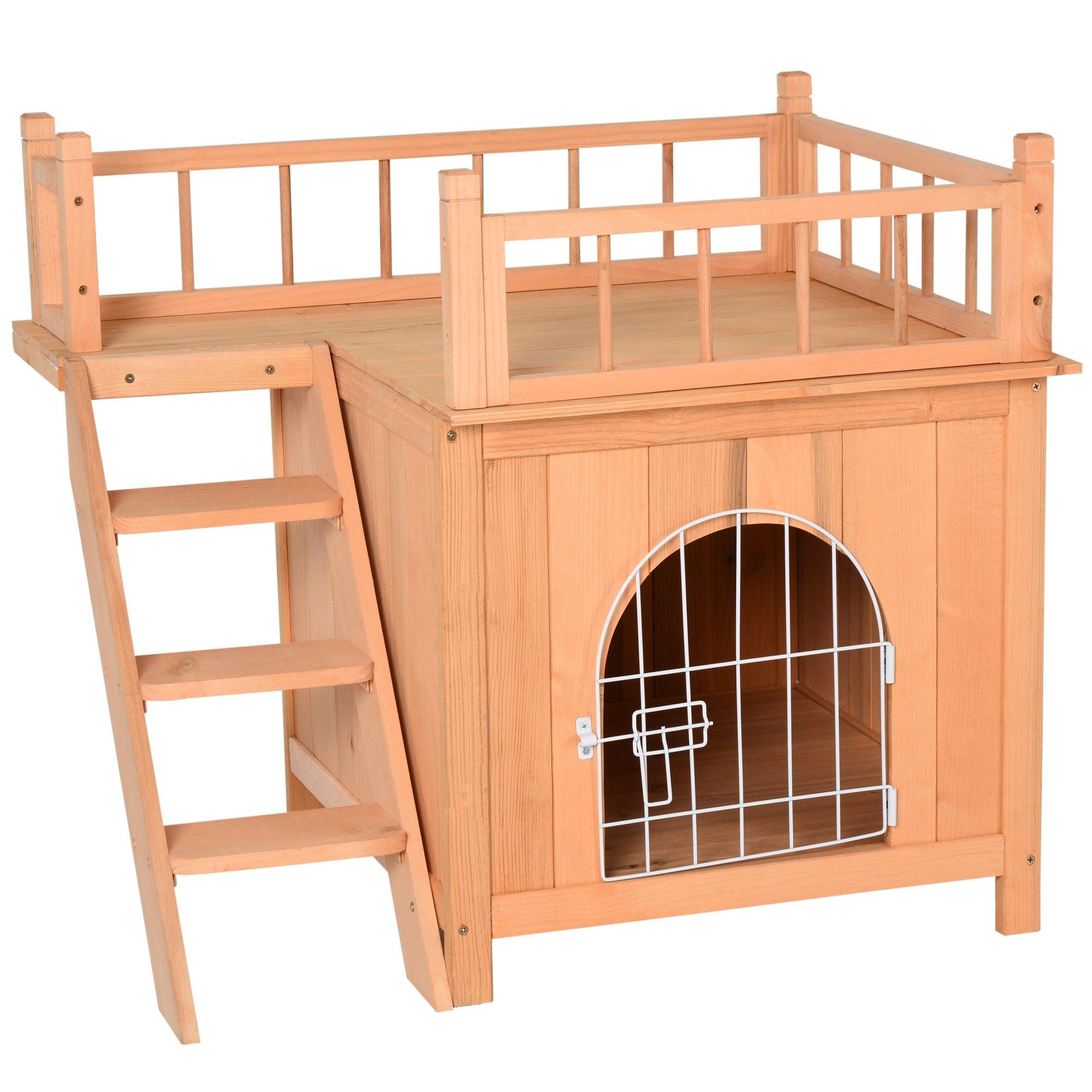 2 Level Wooden Cat House with Lockable Wire Door & Balcony - Outdoor Cat Condo & Dog Shelter - Natural Wood Pet House for Indoor/Outdoor Use - Perfect for Backyard, Patio or Garden