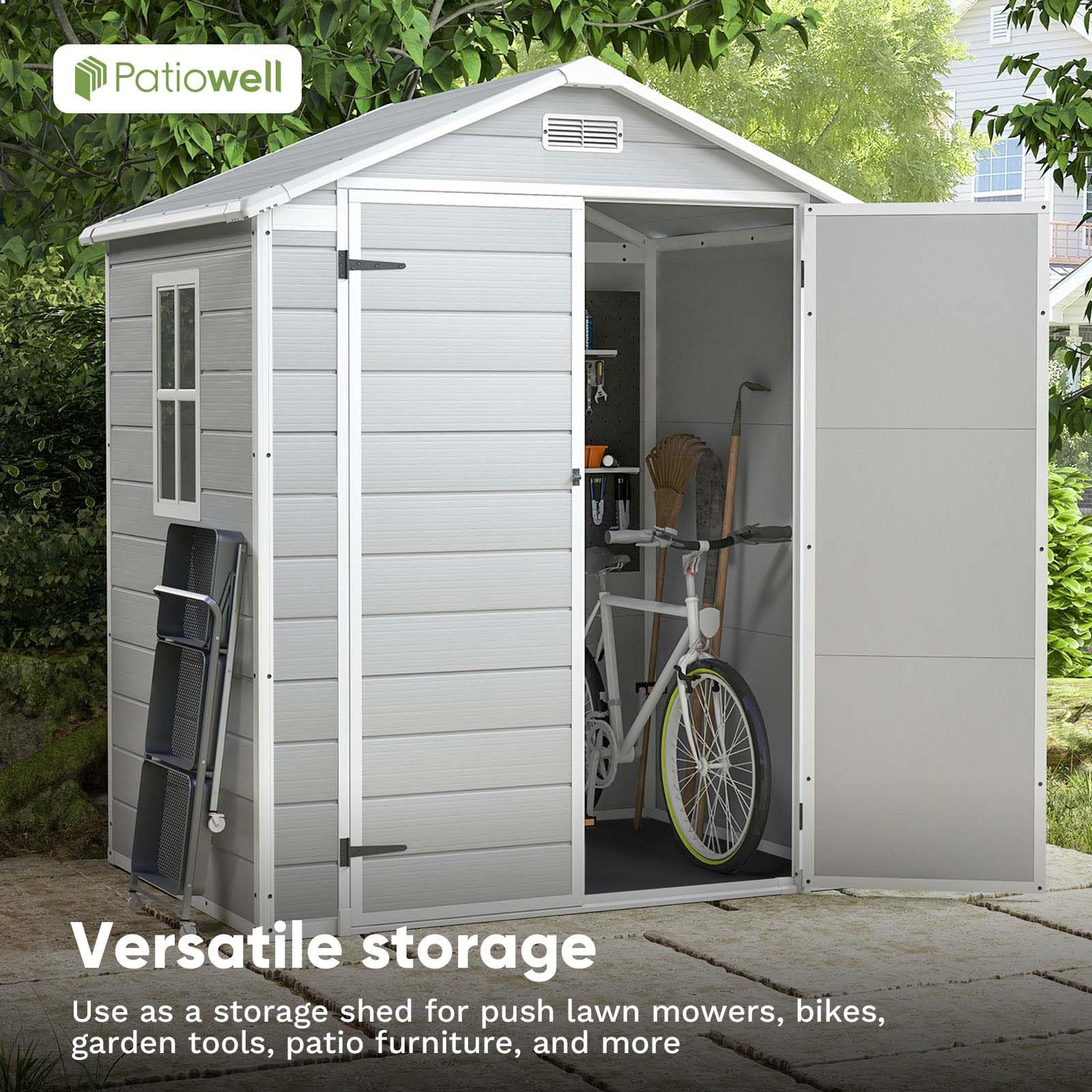 Patiowell 6x4 FT Plastic Outdoor Storage Shed - Waterproof Garden Shed for Patio Furniture, Lawn Mower, Bikes & Beach Chairs - Durable White & Grey Utility Shed for Backyard, Garage & Poolside Storage