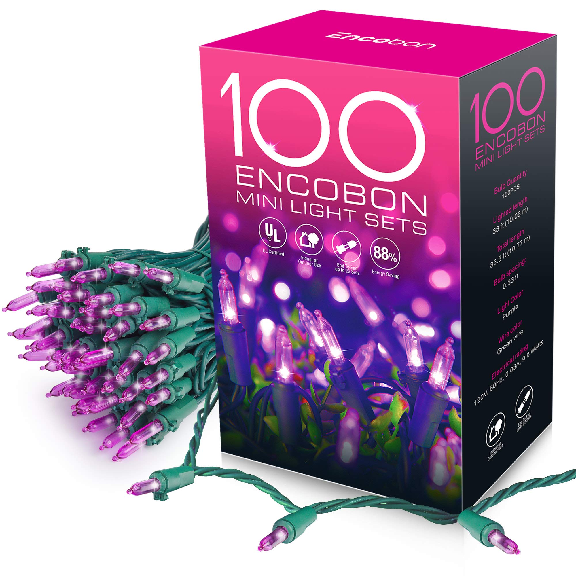Encobon 33ft 100 LED Purple Christmas String Lights - UL Certified 120V Waterproof Holiday Lights for Xmas Tree, Halloween, Patio, Party & Home Decor | Indoor & Outdoor Use for Festive Atmosphere