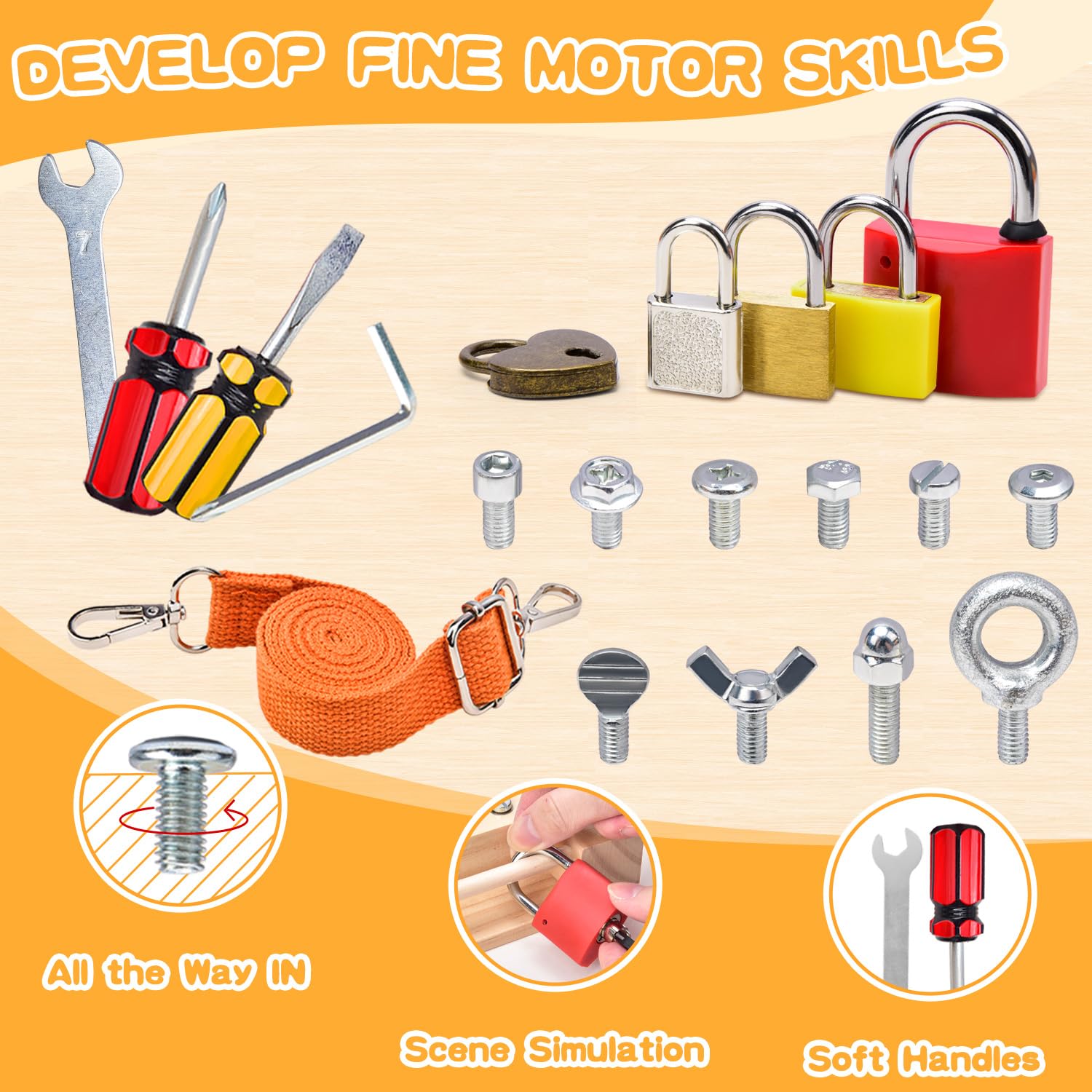 **Montessori Screwdriver Board - Wooden Lock & Key Toy Set for Kids Ages 3+, Sensory Learning Tools with Storage | STEM Educational Toy for Preschoolers & Toddlers (Fine Motor Skills, DIY Pretend Play)**