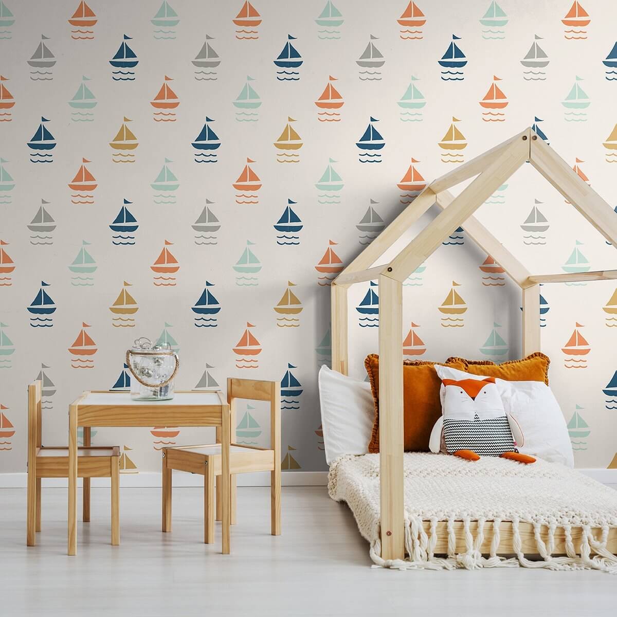 White and Orange Boats Baby Peel and Stick Removable Wallpaper 6023 - Easy DIY Nursery Decor for Kids' Room & Playroom