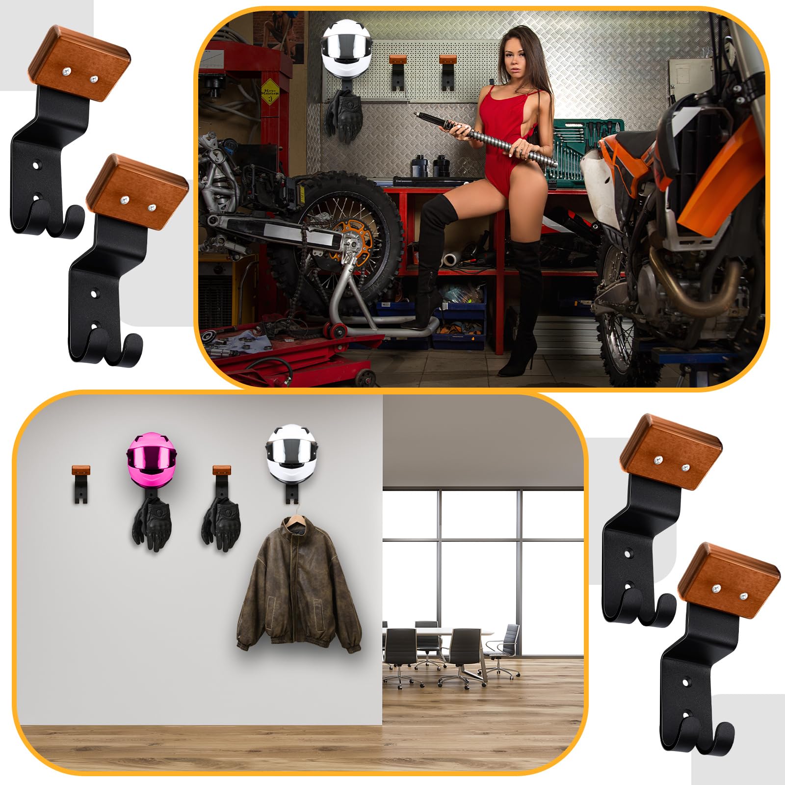 4-Piece Wall Mount Motorcycle Helmet Holder & Gear Hanger Rack with 2 Key Hooks - Heavy Duty Helmet Hook for Football, Police, Cycling & Tactical Gear Storage - Perfect for Garage, Entryway & Closet Organization