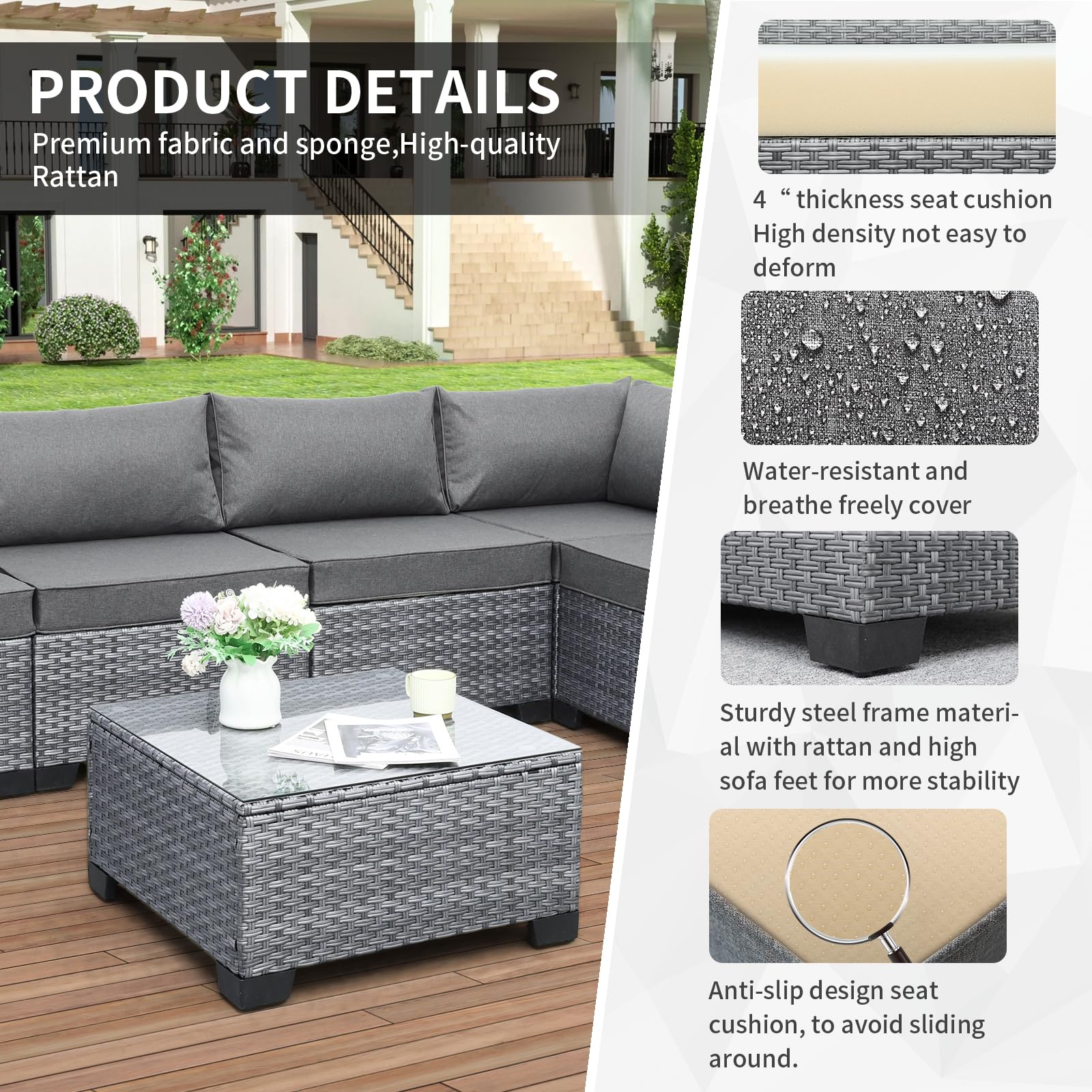 Valita 7-Piece Outdoor PE Wicker Patio Furniture Set - Gray Rattan Sectional Sofa with Washable Cushions for Garden, Poolside & Backyard Relaxation