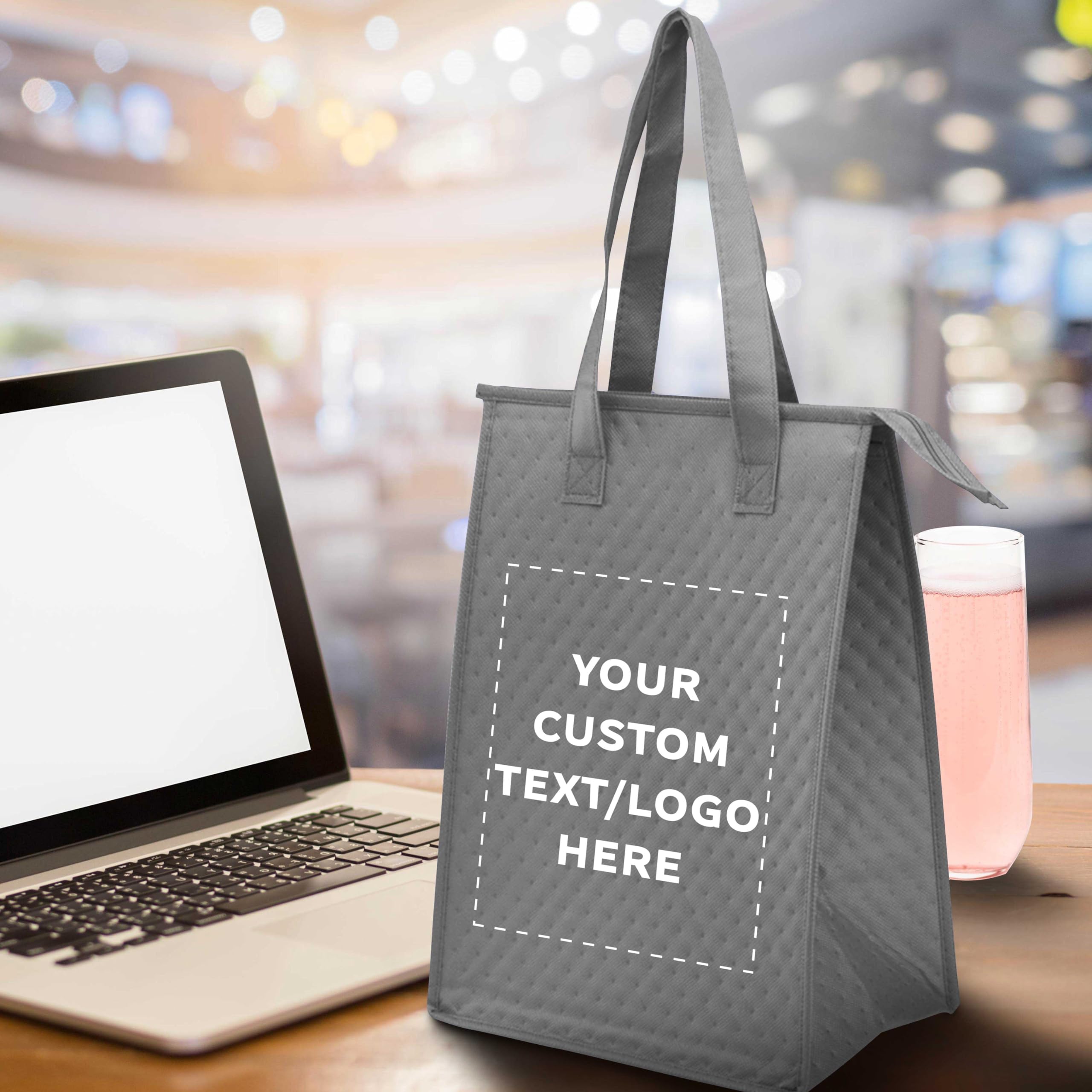 Custom Insulated Lunch Tote Bags with Zipper - Set of 50, Grey, Unisex - Perfect for Office, School & Picnics | Bulk Discount Promos