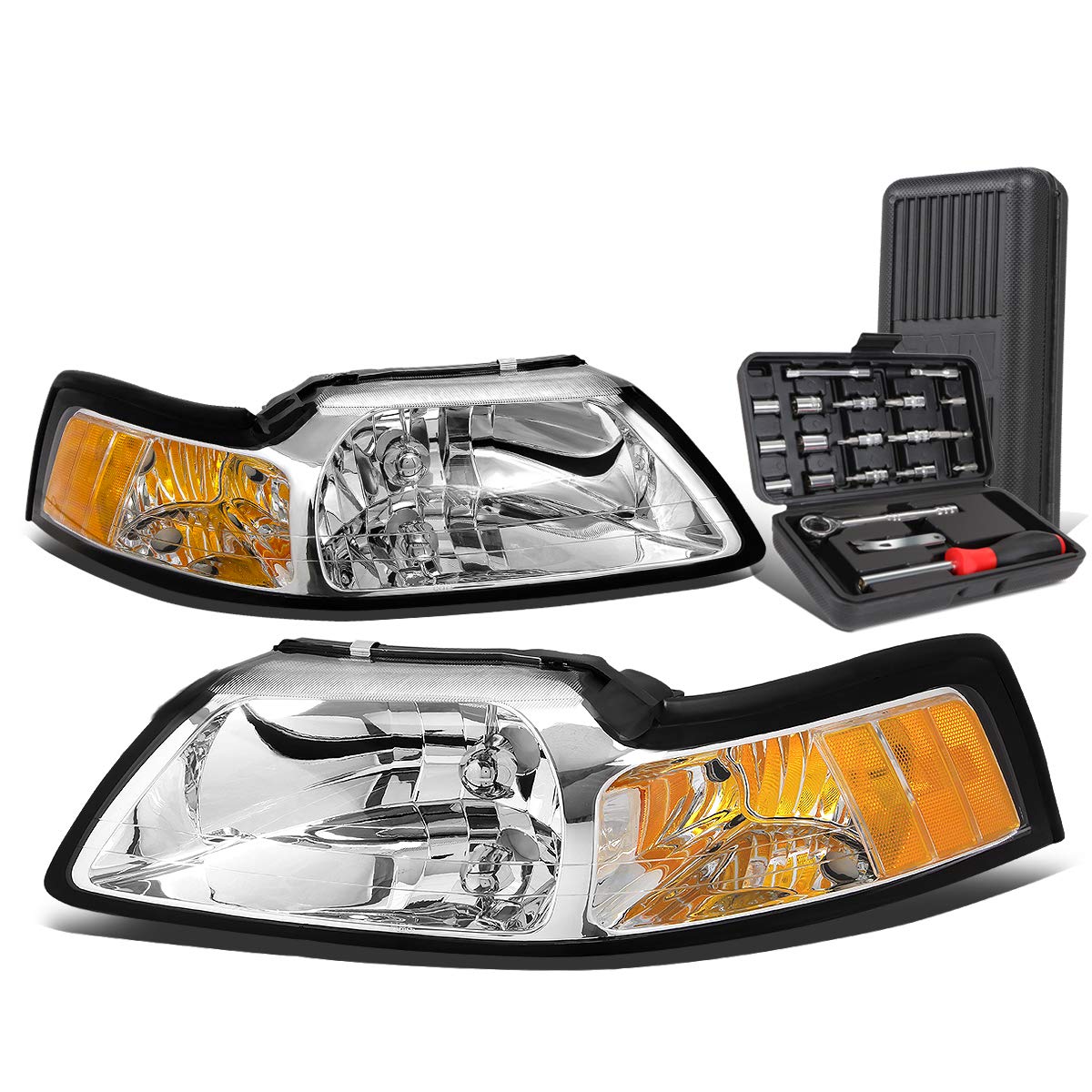 Auto Dynasty Chrome Housing Amber Corner Headlight Lamps + Tool Kit for 1999-2004 Ford Mustang | Perfect for Night Driving & Car Customization