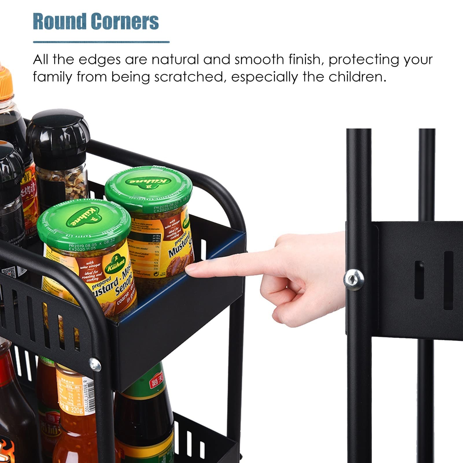 Heavy Duty Kitchen Utility Cart with Wheels, Narrow Black Standing Shelf Unit for Home Pantry & Small Spaces, Slim Rolling Storage Rack - Perfect for Compact Kitchens, Dorm Rooms & Apartment Living