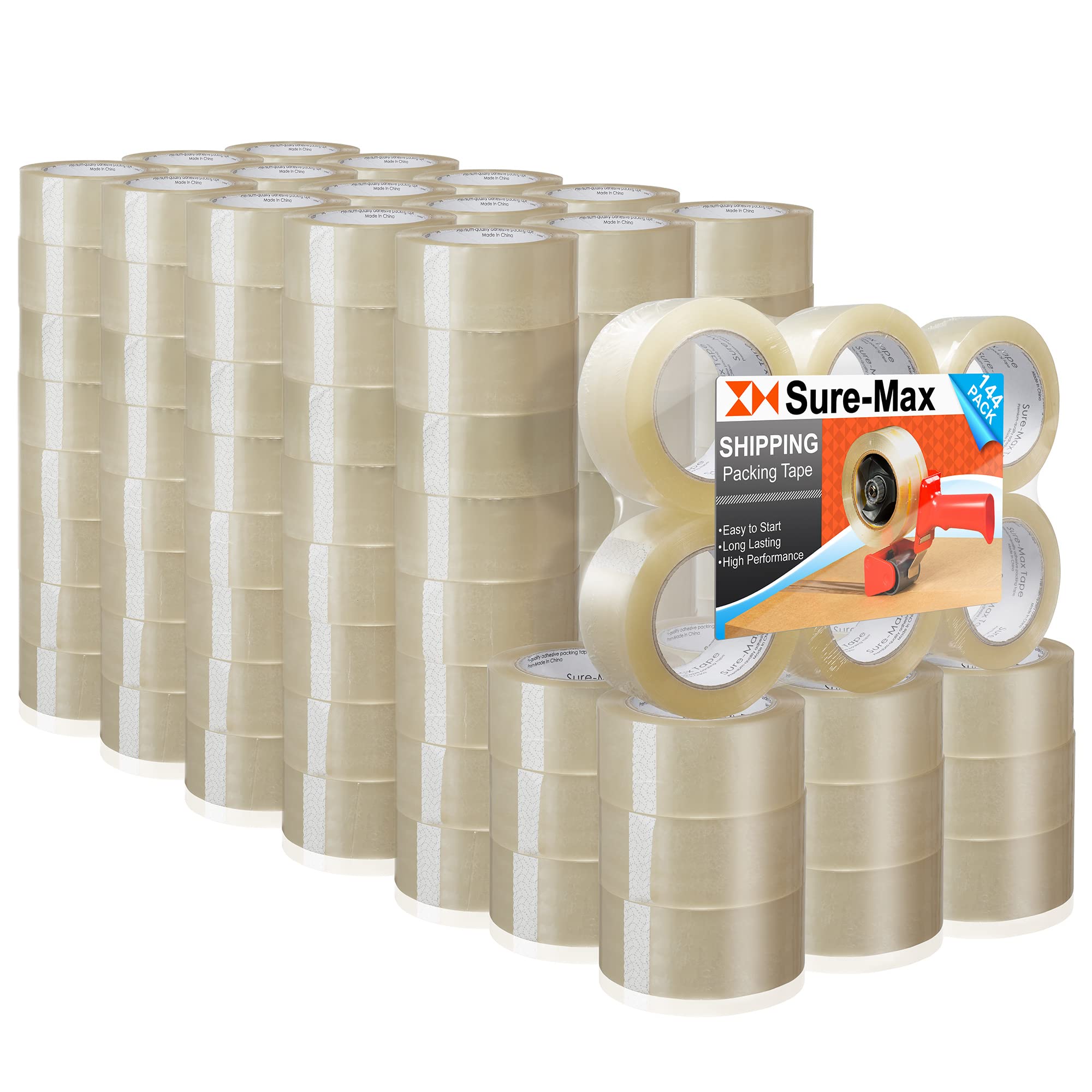 Sure-Max Premium Carton Packing Tape 2.0 mil 330 Feet (110 Yards) - Clear Heavy Duty Shipping Tape for Moving, Packing Boxes, Sealing Packages - 4 Cases (144 Rolls Total) - Ideal for Home, Office & Warehouse Use