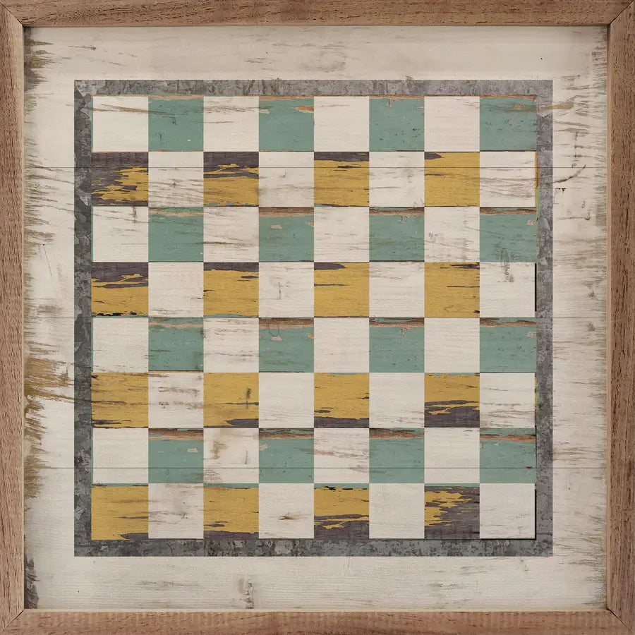 Farmhouse Style Wood Framed Checkerboard Print - Rustic Wall Art Decor for Living Room, Kitchen & Game Room
