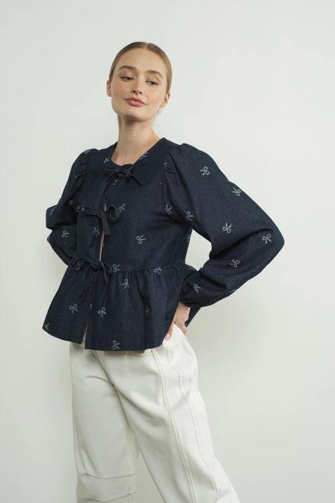 Lara Women's Bow Print Denim Blouse with Bow Tie - Stylish Casual Shirt for Office, Date Night & Spring Outfits
