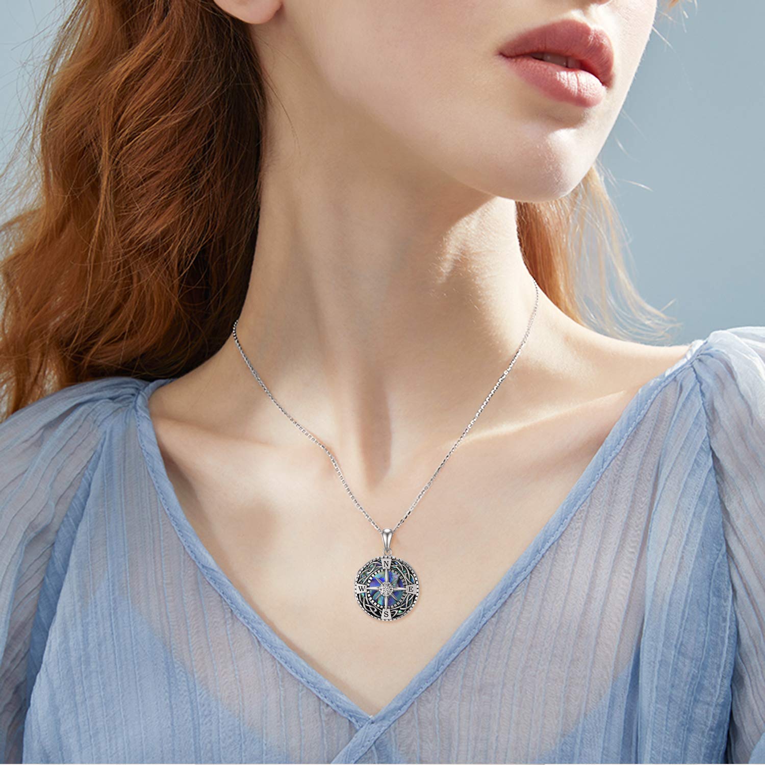 URONE Personalized Sterling Silver Celtic Knot Compass Locket Necklace with Abalone Shell - Holds Pictures, Inspirational Graduation Gift for Women & Men - Perfect for Travel, Outdoor Adventures & Special Occasions