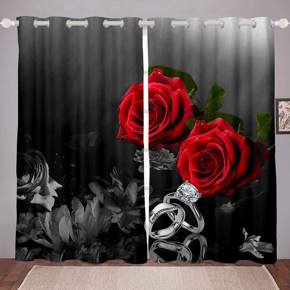 Castle Fairy Red Roses Window Curtains - Silver Wedding Ring Design Valentine's Day Drapes for Kids & Teens Bedroom - Romantic Floral Grommet Top Window Treatment (2 Panels, 76