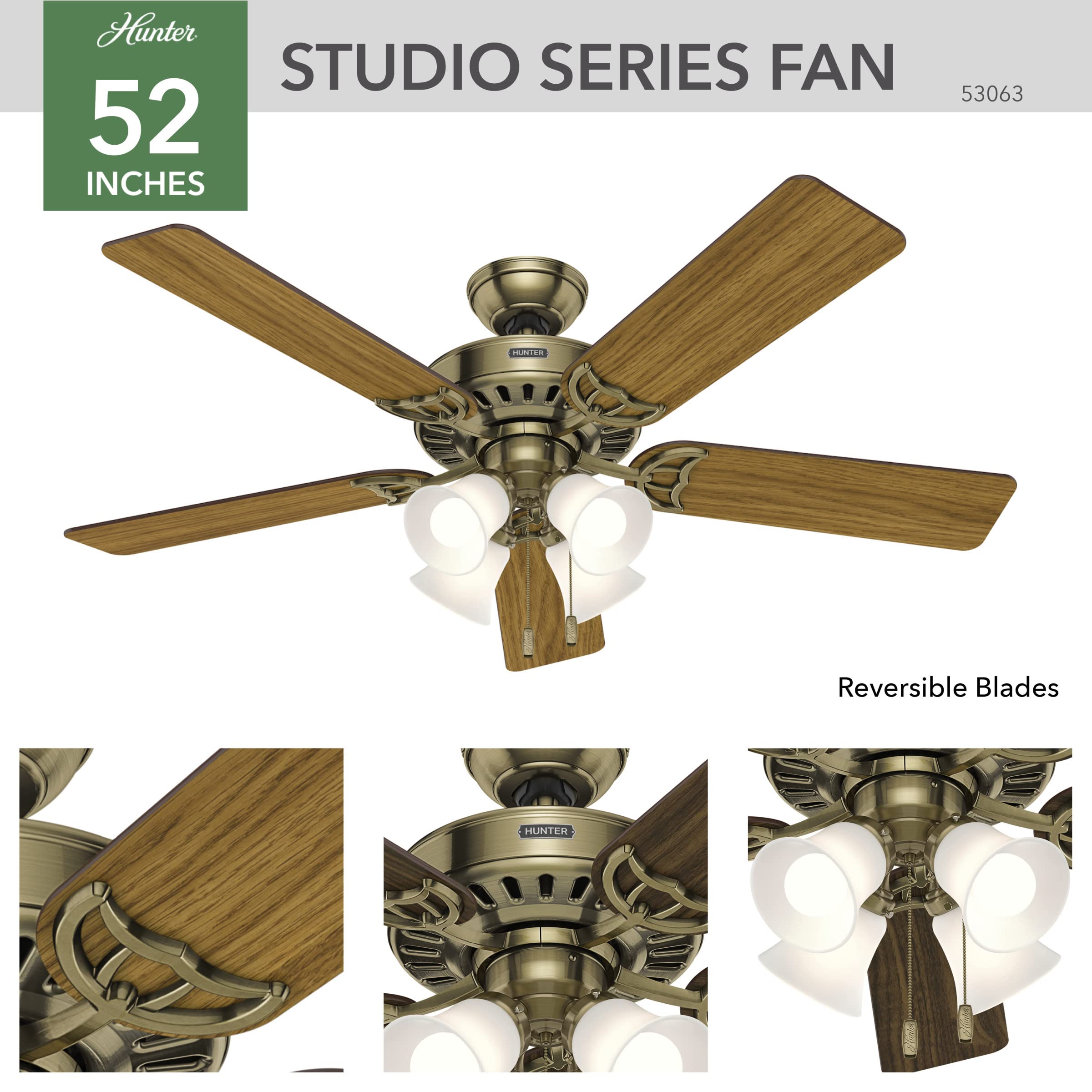Hunter Fan Company 53063 Studio Series 52 Inch Ceiling Fan with 4 Covered Energy Efficient LED Lights - Pull Chain Control in Antique Brass | Perfect for Living Room, Bedroom & Office Cooling