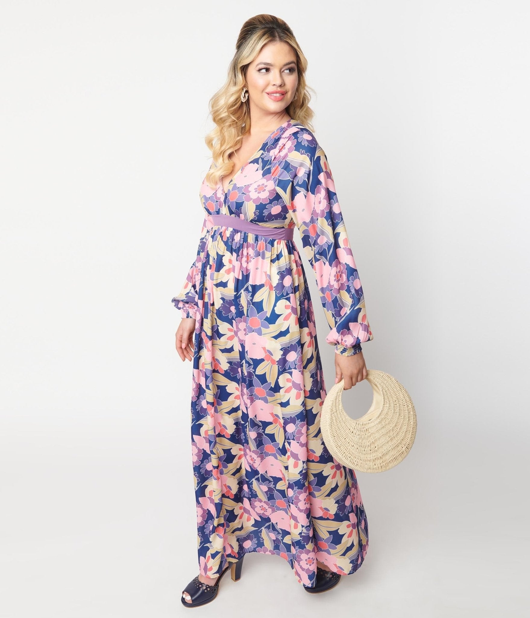 Vintage 1970s Navy & Purple Floral Print Buttercup Maxi Dress - Retro Boho Hippie Style for Women, Perfect for Summer Festivals & Beach Vacations