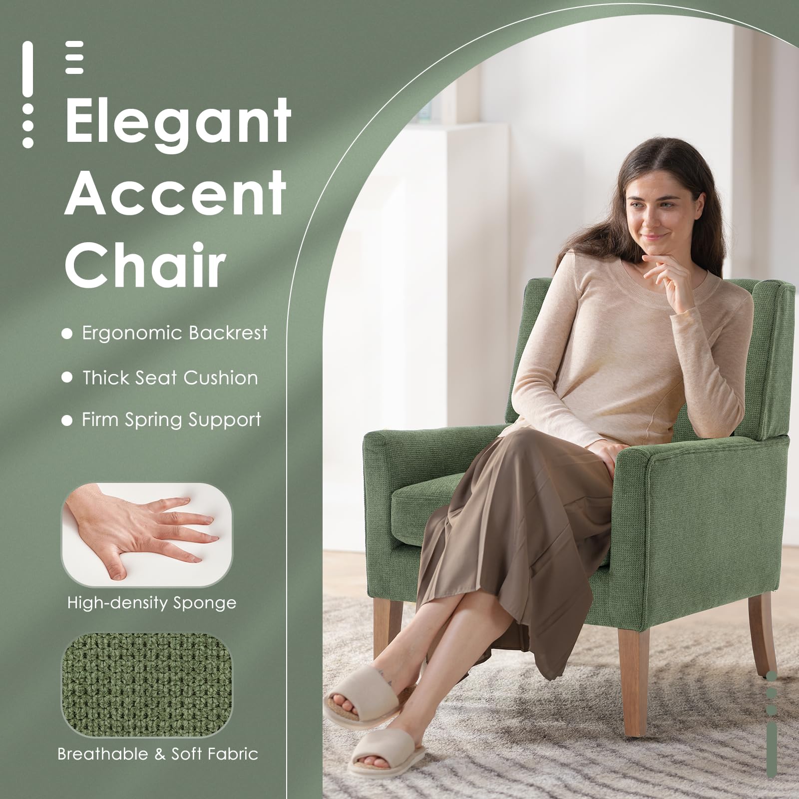 COLAMY Modern Wingback Fabric Upholstered Accent Armchair with Wood Legs - Green Lounge Chair for Living Room, Bedroom, Office & Reading Nook - Perfect for Relaxing, Working & Decorating Spaces