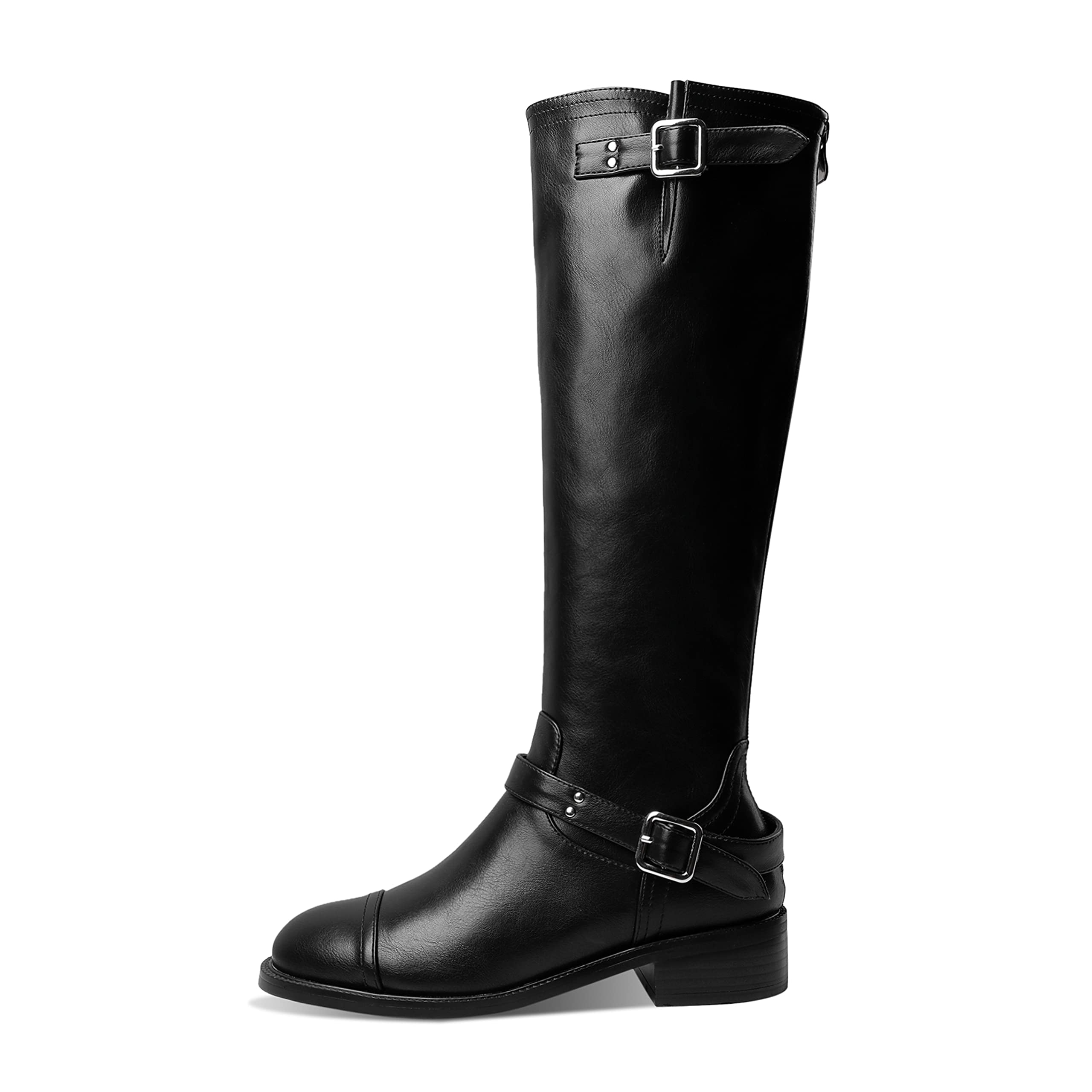 SeiteHuud Women's Black Leather Combat Boots - Knee High Side Zip Military Boots for Fashion & Outdoor Use