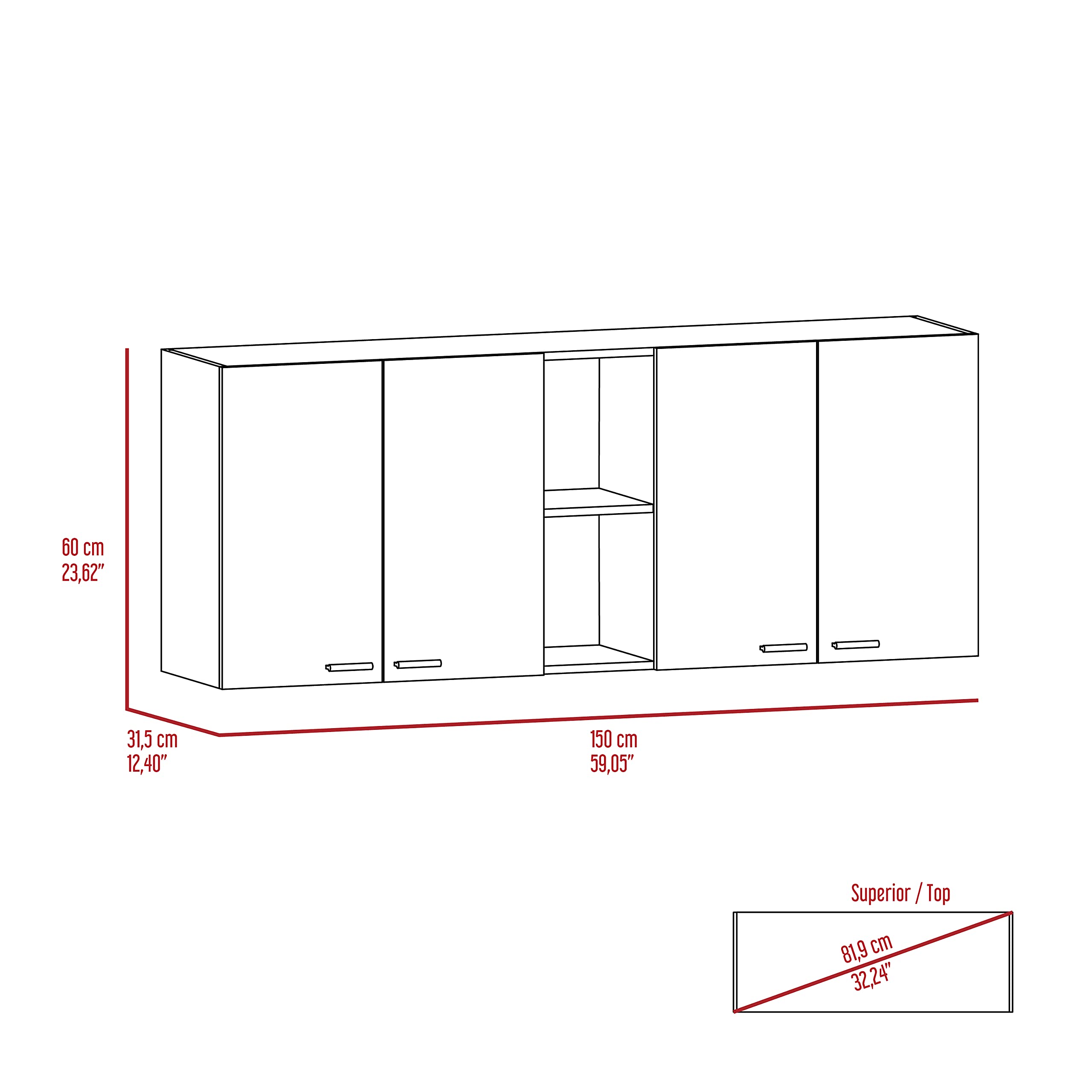 Olimpo 150 Wall Cabinet with 4 Doors, 2 Open Shelves & 2 Internal Shelves - Dish & Glass Organizer - 24