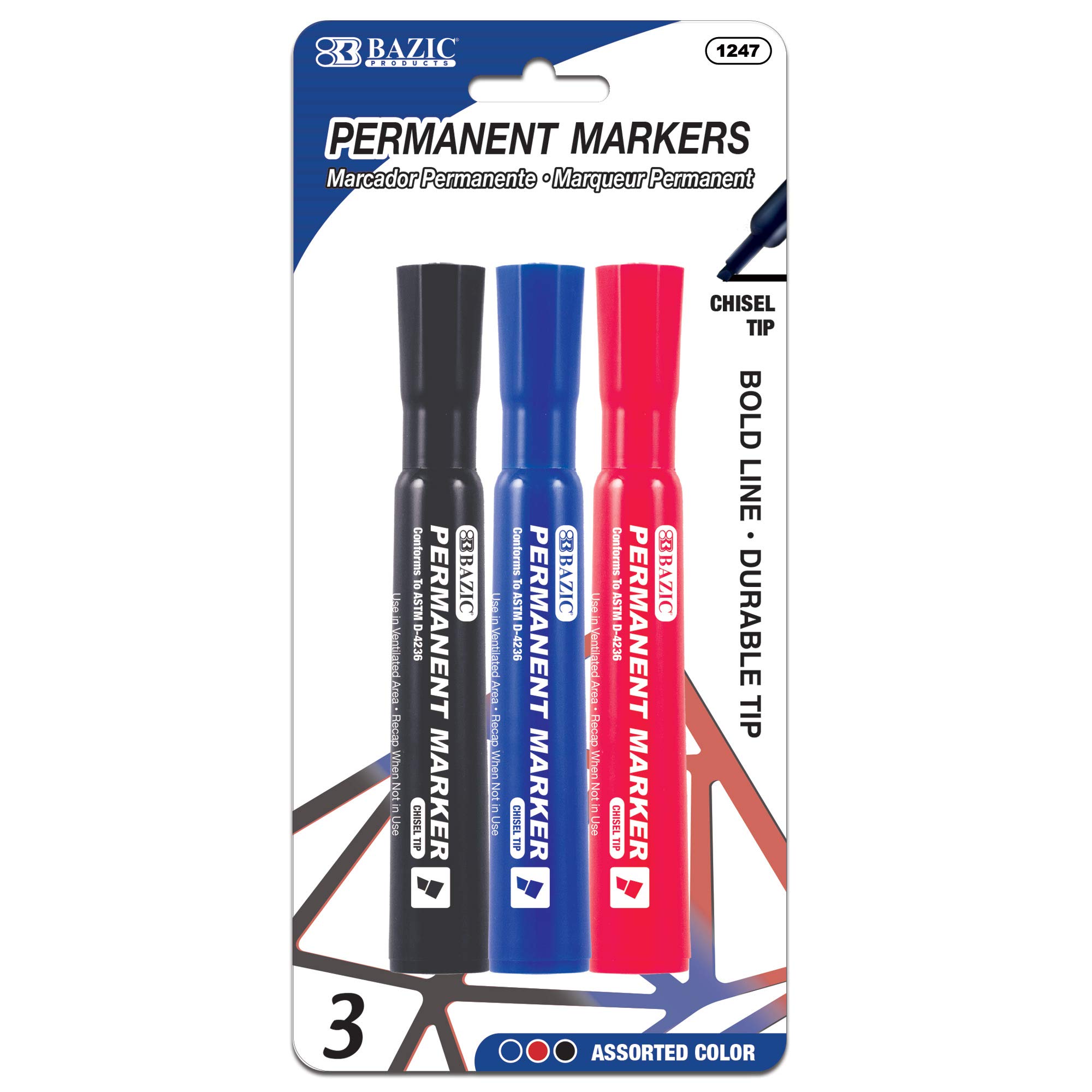 BAZIC Permanent Marker Chisel Tip - 3-Pack (144 Total) - Bold Ink for Plastic, Wood, Metal, Glass & Stone - Ideal for Office, Art, DIY Projects & Industrial Labeling
