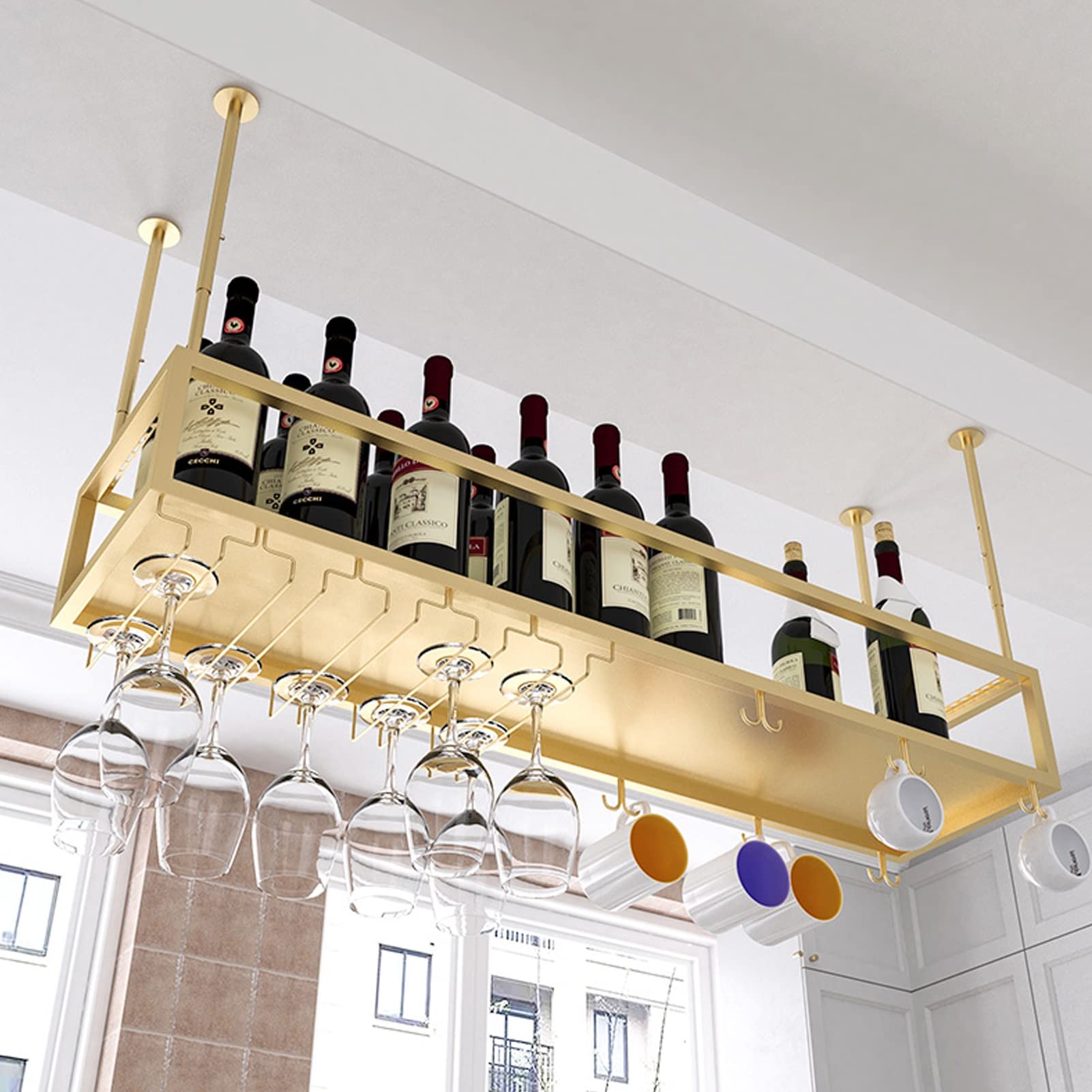 Premium Ceiling Wine Rack - Decorative Hanging Storage Shelf for Wine Bottles, Champagne & Glass Goblets - Sturdy Stemware Organizer for Home Bar (100x25x21cm) - Perfect for Kitchen, Dining Room & Wine Cellar Organization