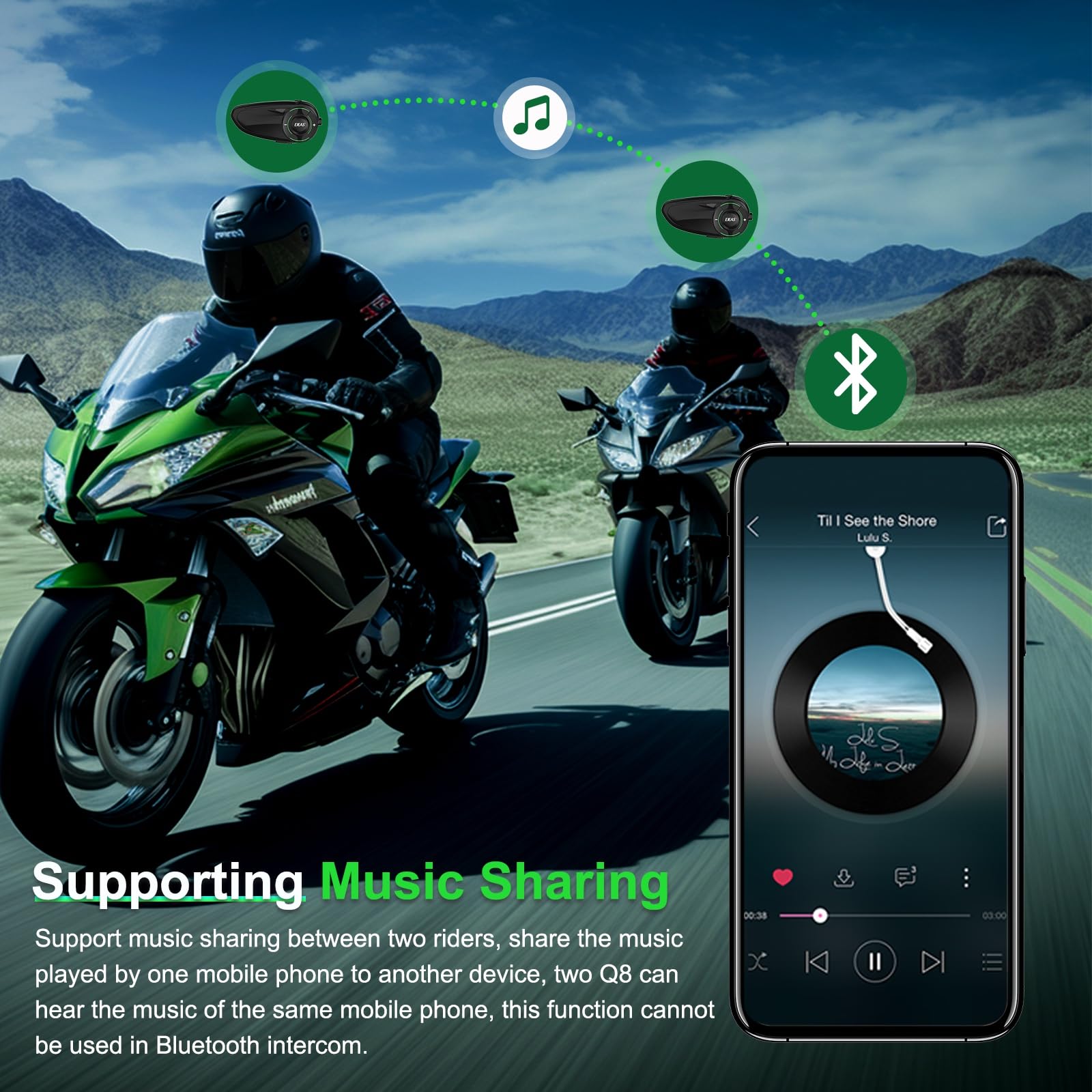 Q8 Motorcycle Helmet Bluetooth Intercom Headset - 230 Hours Standby, 6-Way Mesh Communication, Audio Multitasking, Music Sharing, Noise Cancellation, FM Radio | Perfect for Group Rides, Touring & Adventure Motorcycling
