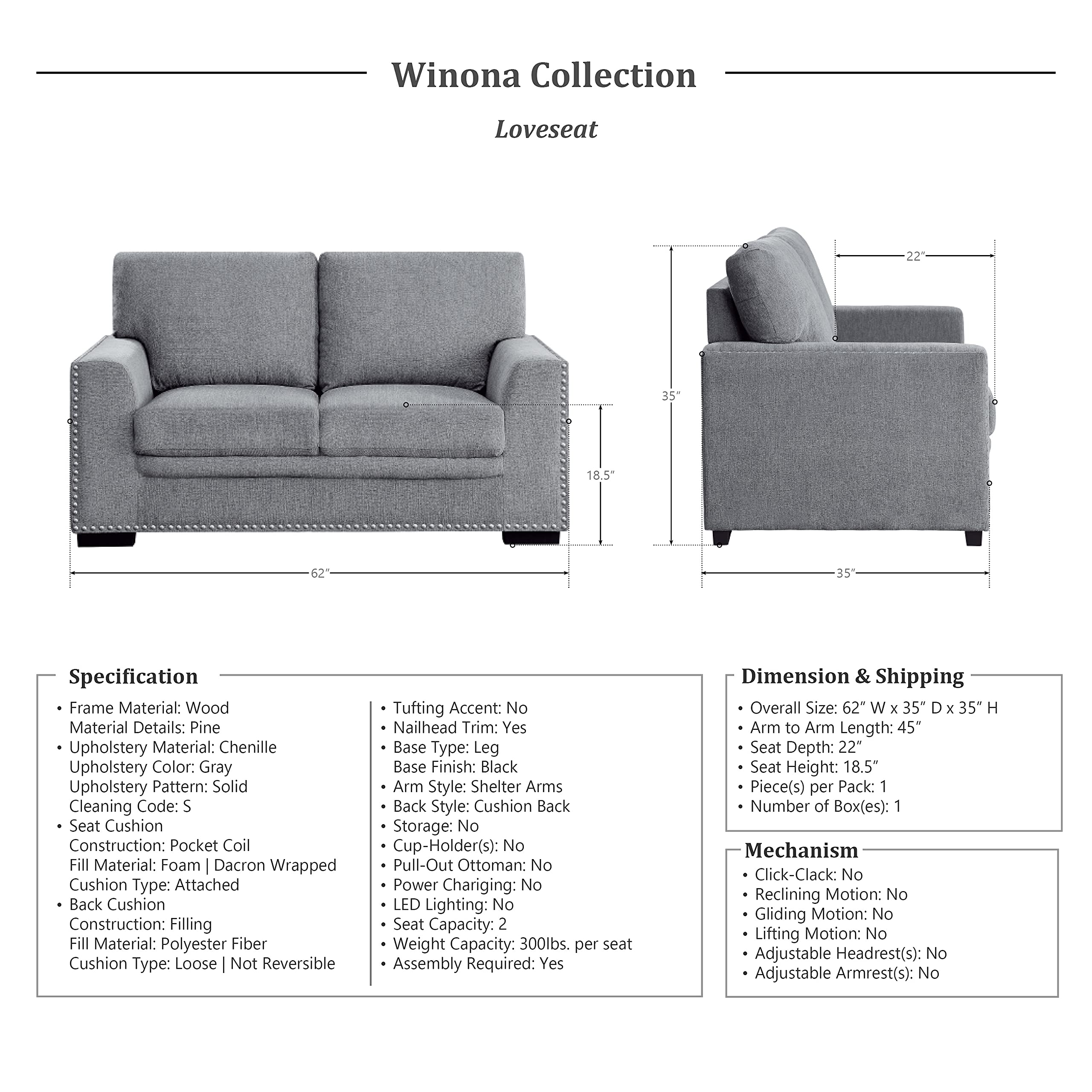 Lexicon Modern Chenille Sofa Couch - Solid Wood Frame with Nailhead Trim, 2-Seater Upholstered Living Room Furniture in Gray - Perfect for Small Spaces, Apartments & Cozy Home Decor
