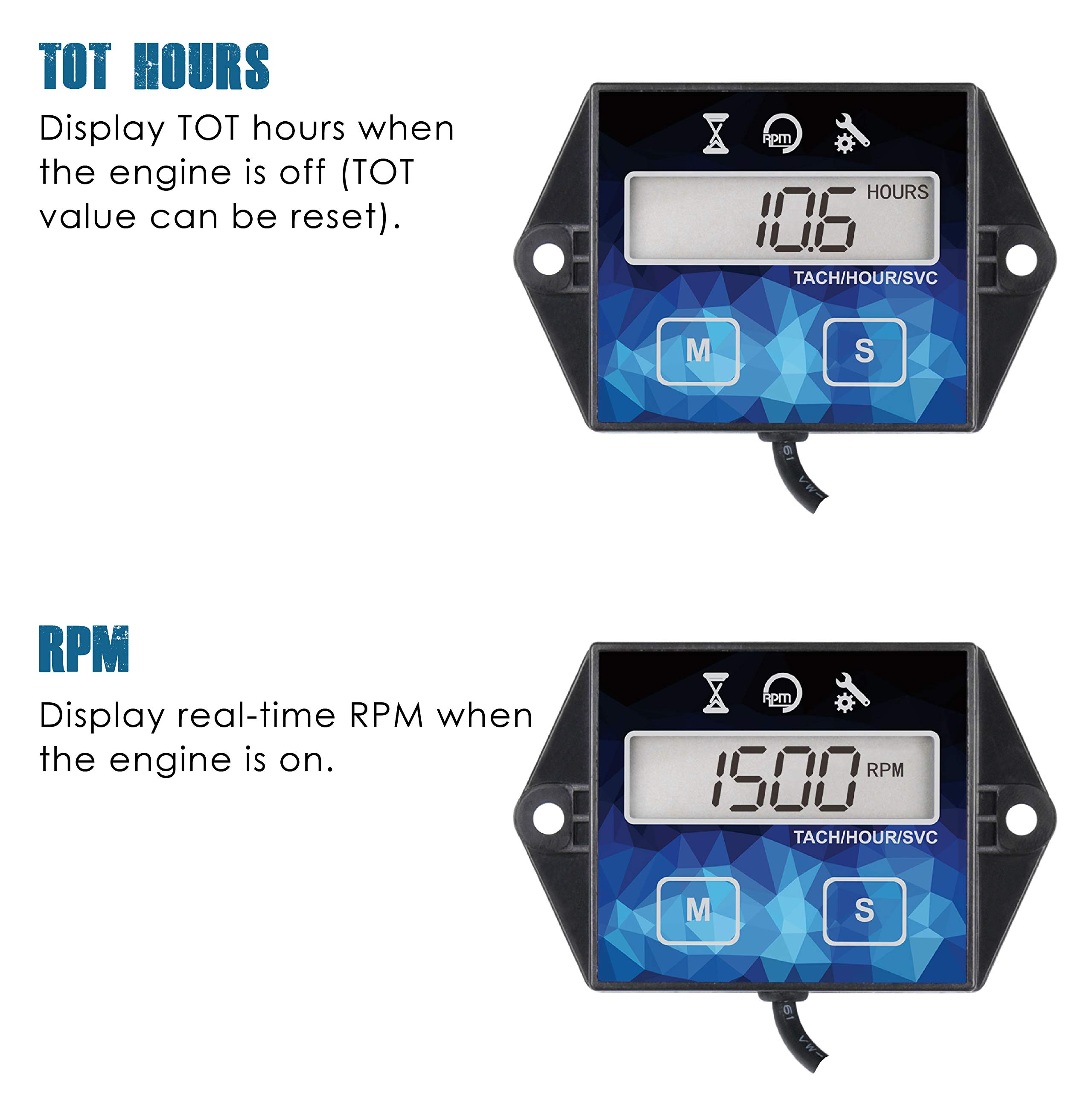 Runleader Digital Small Engine Hour Meter & Tachometer with Maintenance Reminder - Replaceable Battery, User Shutdown - Compatible with ZTR Lawn Mowers, Tractors, Generators, Marine Outboards & ATVs - Track Engine Hours for Maintenance Scheduling (1)