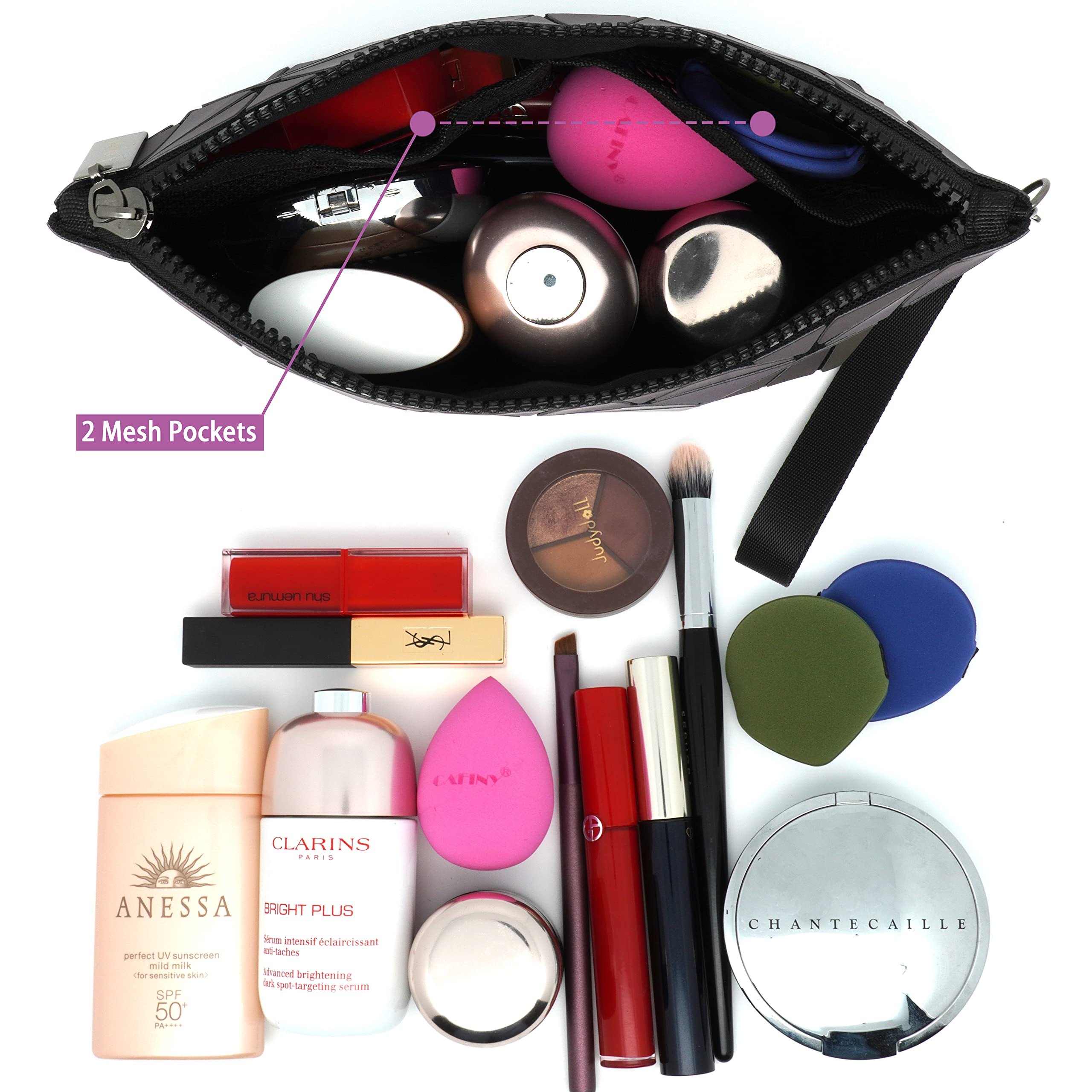 Holographic Makeup Bag for Women - Small Clutch Purse with Geometric Luminous Design, Cosmetic Pouch & Wristlet for Daily Use - Perfect for Travel, Parties, and Gift Giving