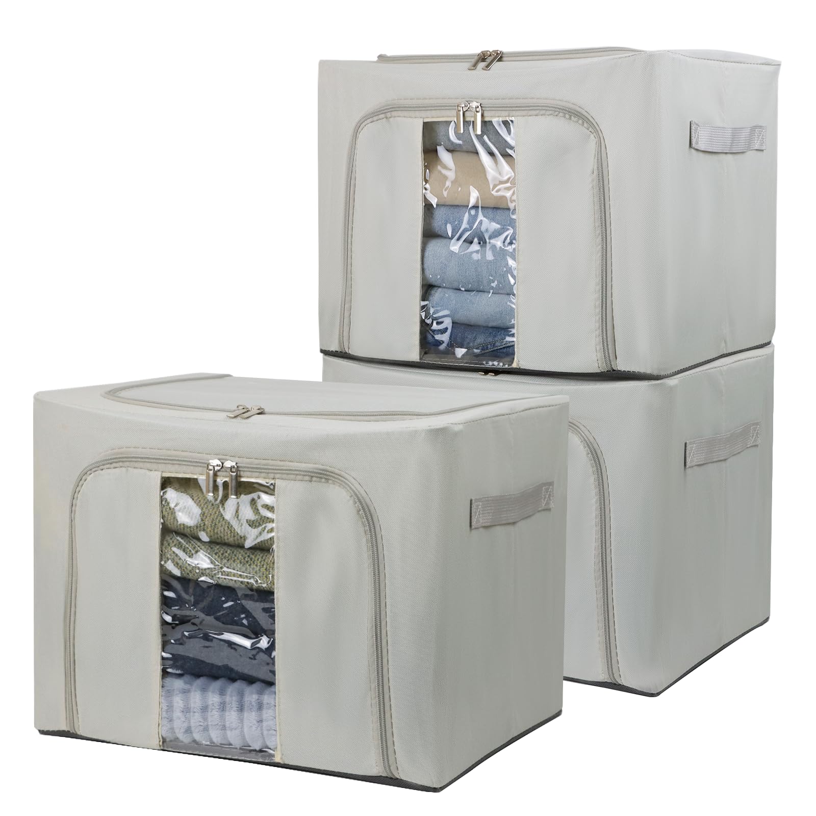 36L Stackable Clothes Storage Bins with Metal Frame - 3-Pack Foldable Oxford Fabric Organizer Boxes with Lids for Closet, Bedroom & Dorm Organization - Perfect for Sheets, Blankets, Seasonal Clothing & Toys Storage
