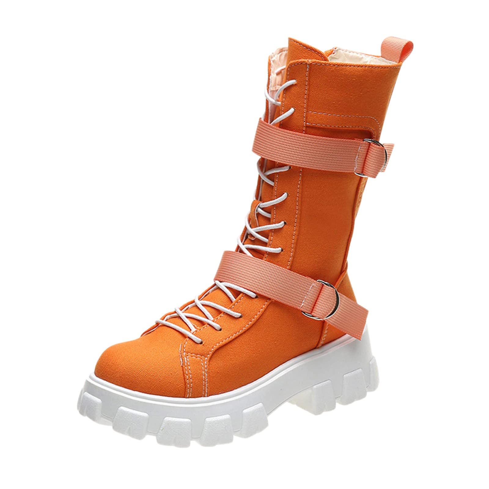 Breathable Retro Women's Thick-Soled Winter Boots - Low Heel Zipper Leather Boots for Women (Orange, Size 8) | Comfortable & Stylish for Cold Weather, Office Wear & Casual Outings