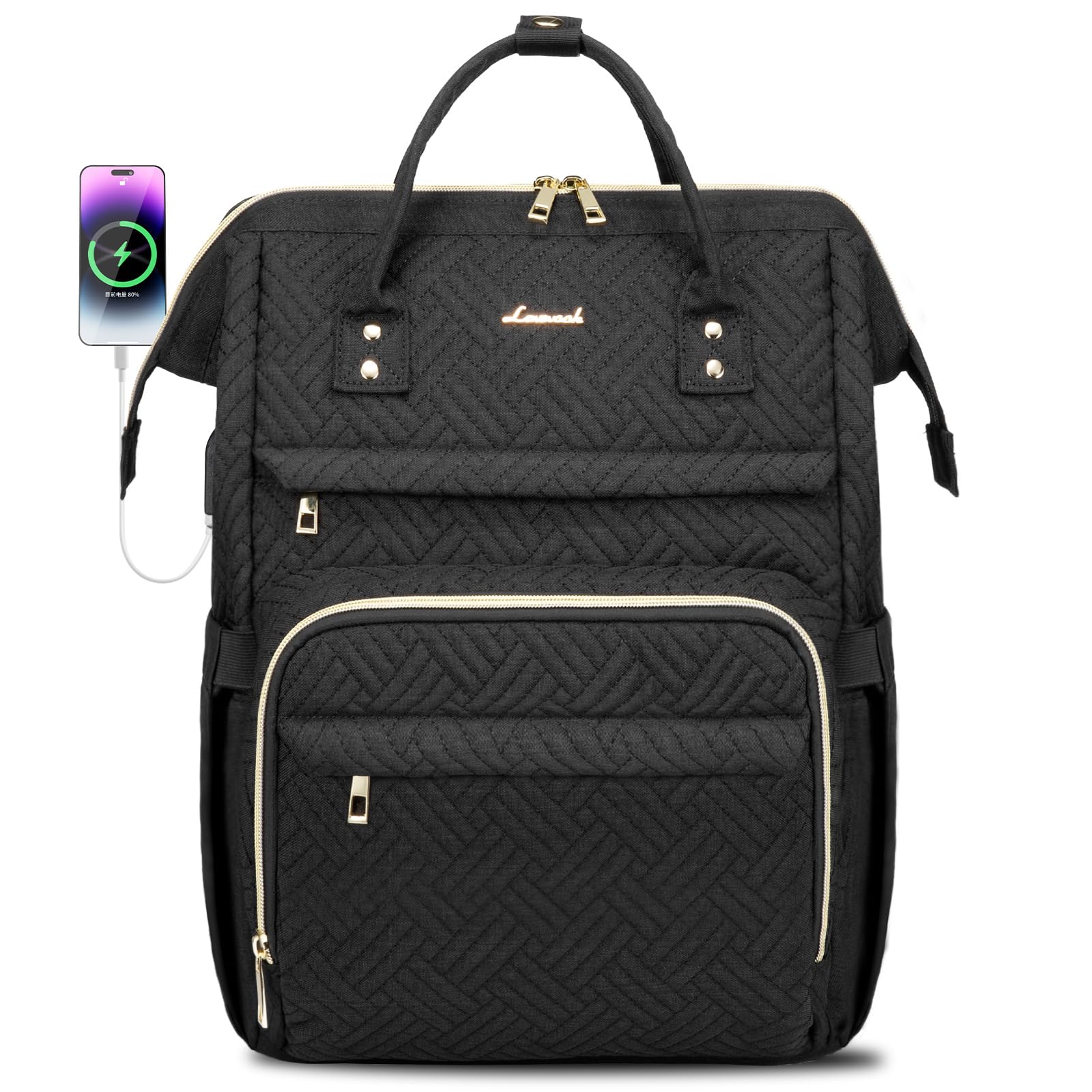 LOVEVOOK 15.6 Inch Laptop Backpack for Women - Waterproof USB Charging Travel Backpack, Professional Work Bag for Nurse, Teacher & Business - Stylish Black Plait Design for Commuting, College & Daily Use