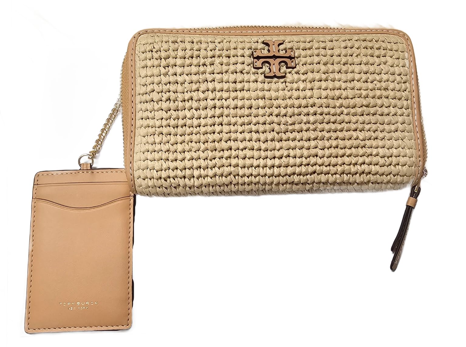 Tory Burch Thea Raffia Khaki Gold Hardware Women's Zip Continental Wallet with Card Case - Stylish & Functional Women's Accessory for Everyday Use, Travel, and Special Occasions