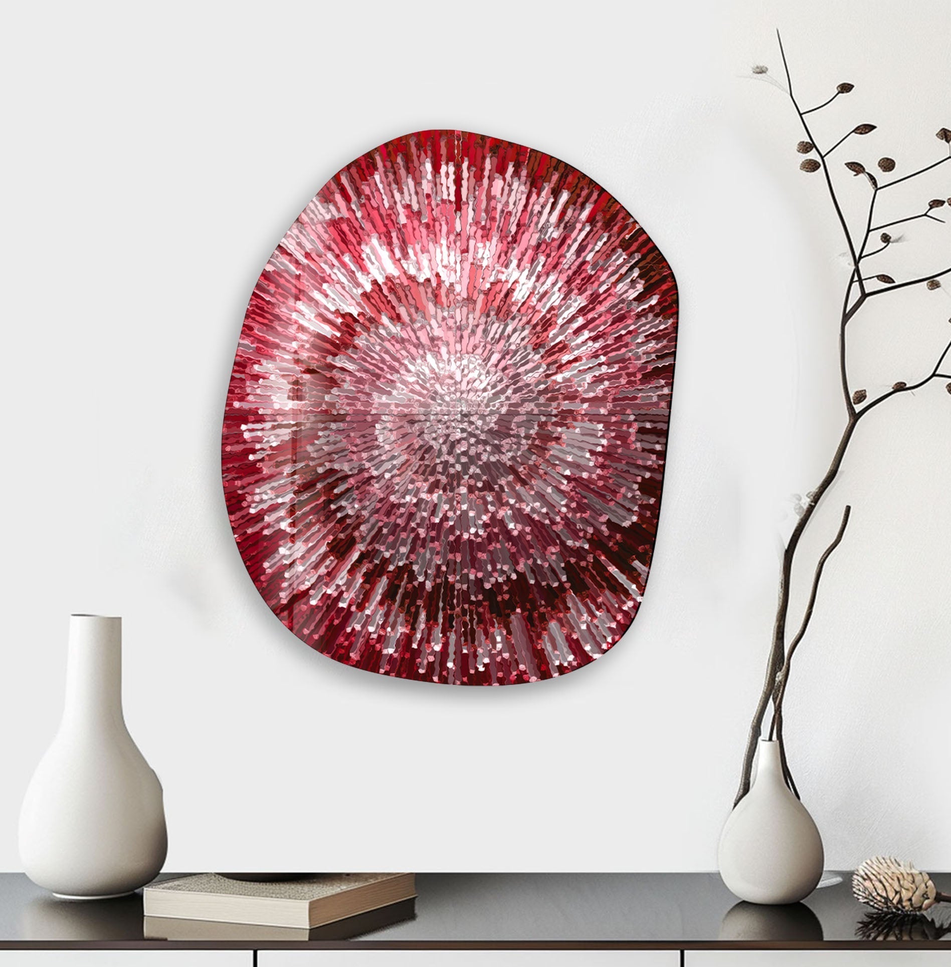 Abstract Red Lines Oval Glass Wall Art - Modern Home Decor for Living Room, Bedroom & Office - Elegant Handmade Glass Artwork